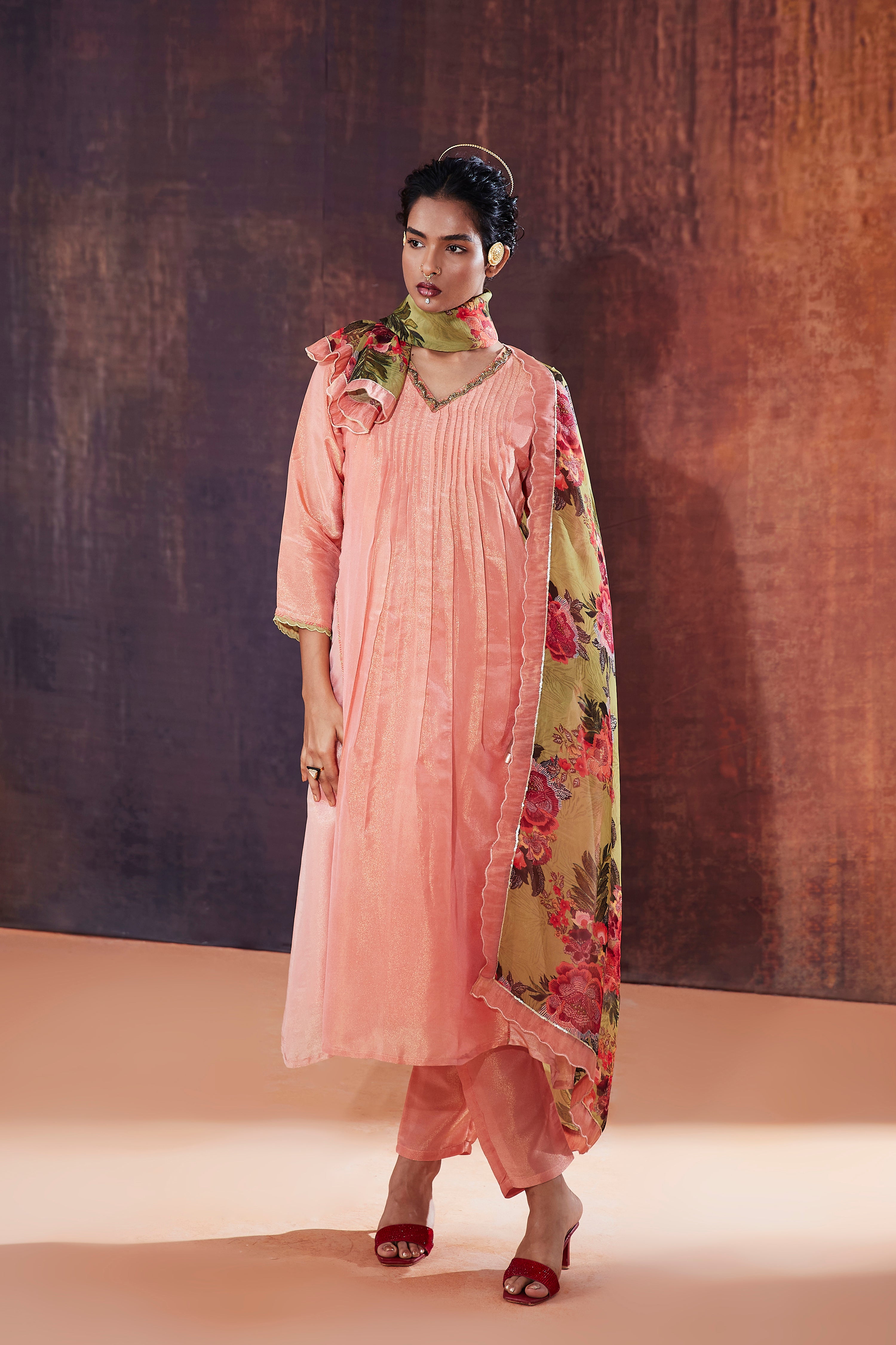 Coral Tissue Silk Kurta Set