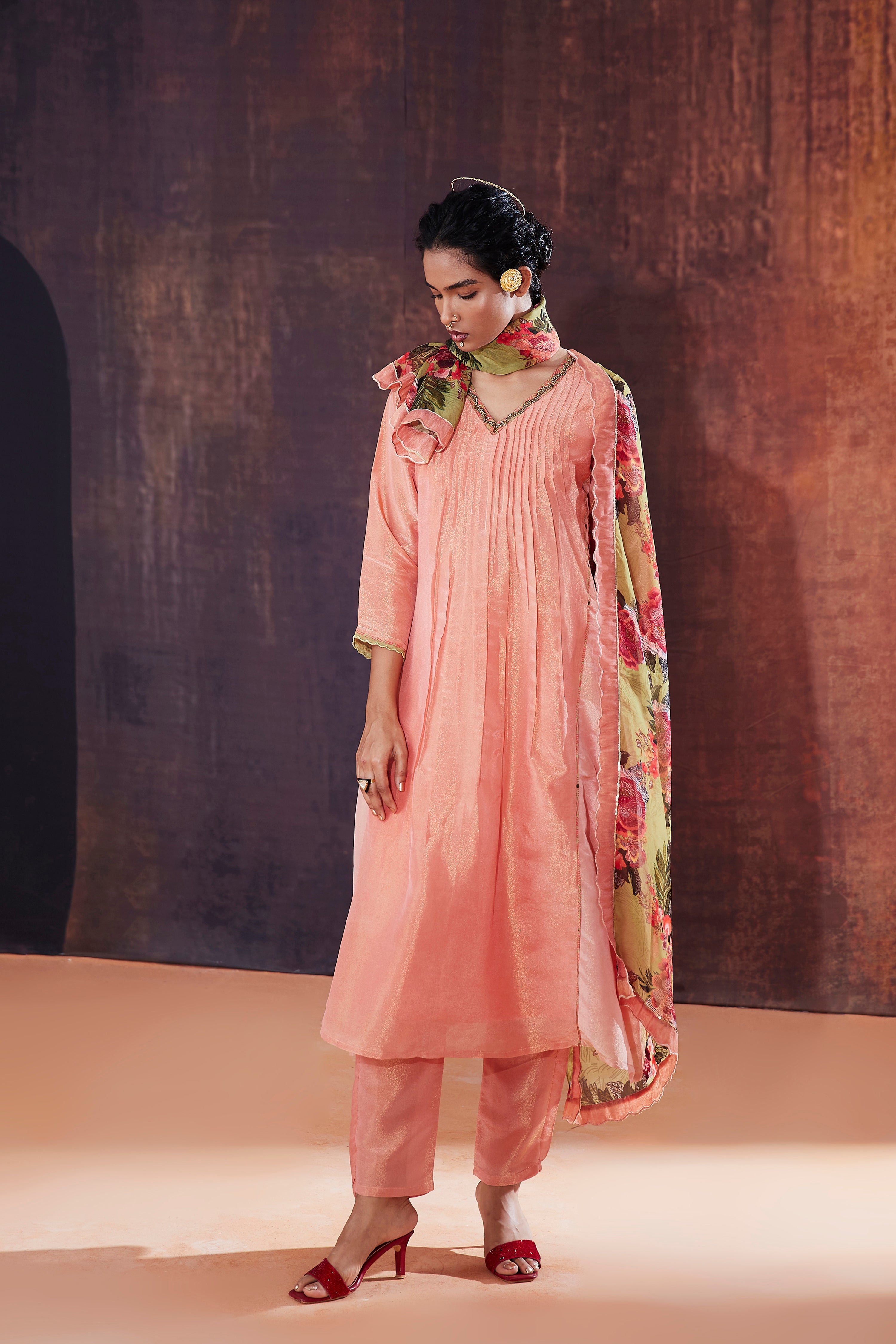 Coral Tissue Silk Kurta Set