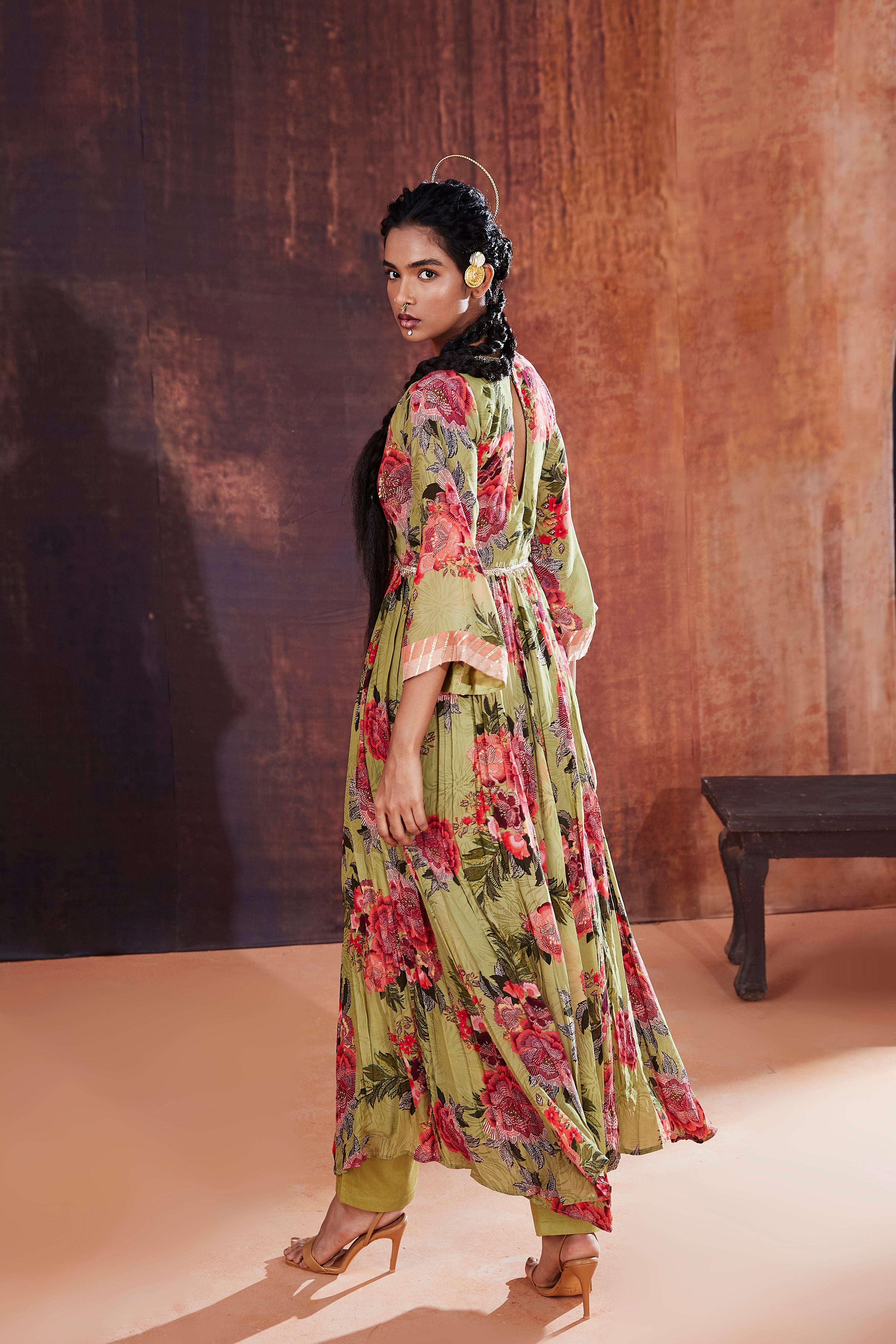 Moss Green Floral Printed Anarkali Set