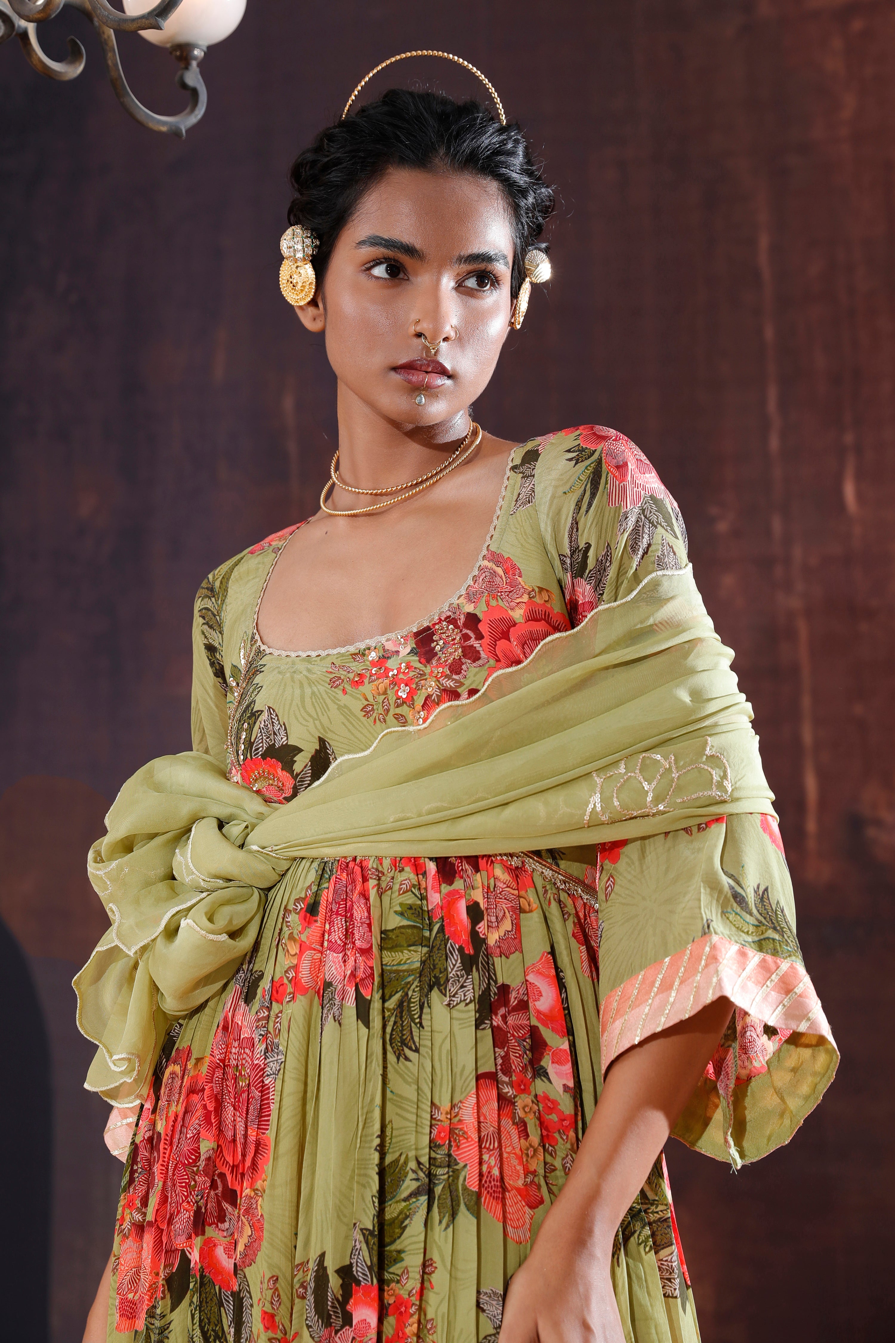 Moss Green Floral Printed Anarkali Set