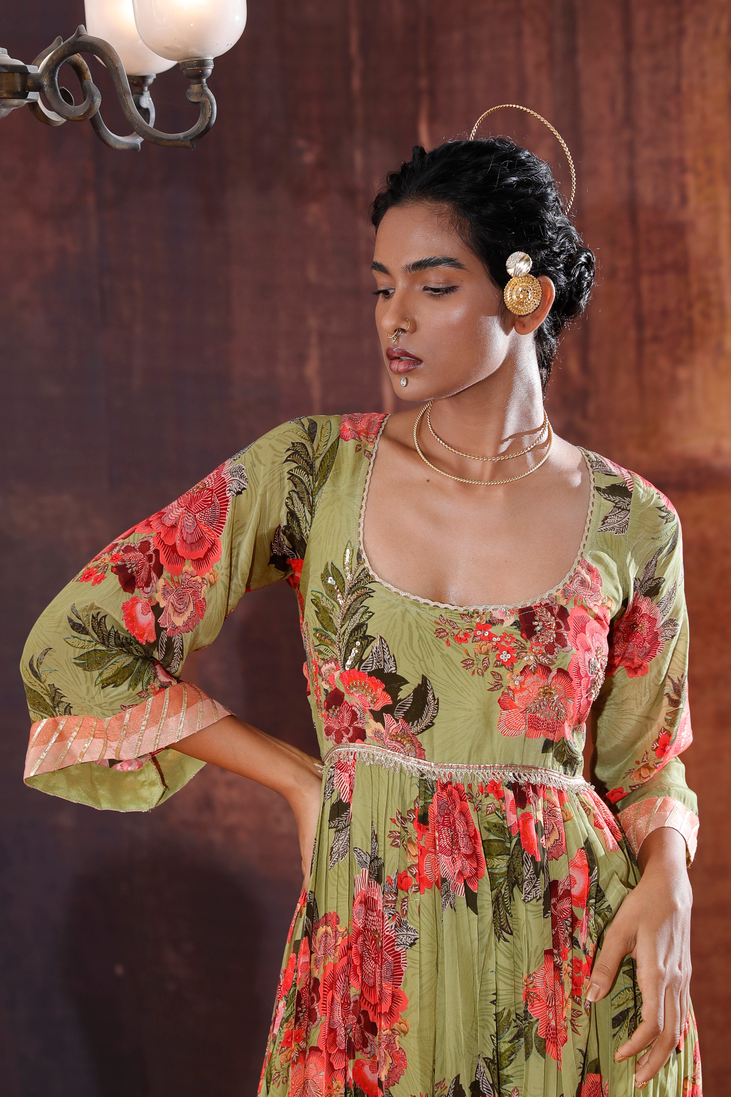 Moss Green Floral Printed Anarkali Set