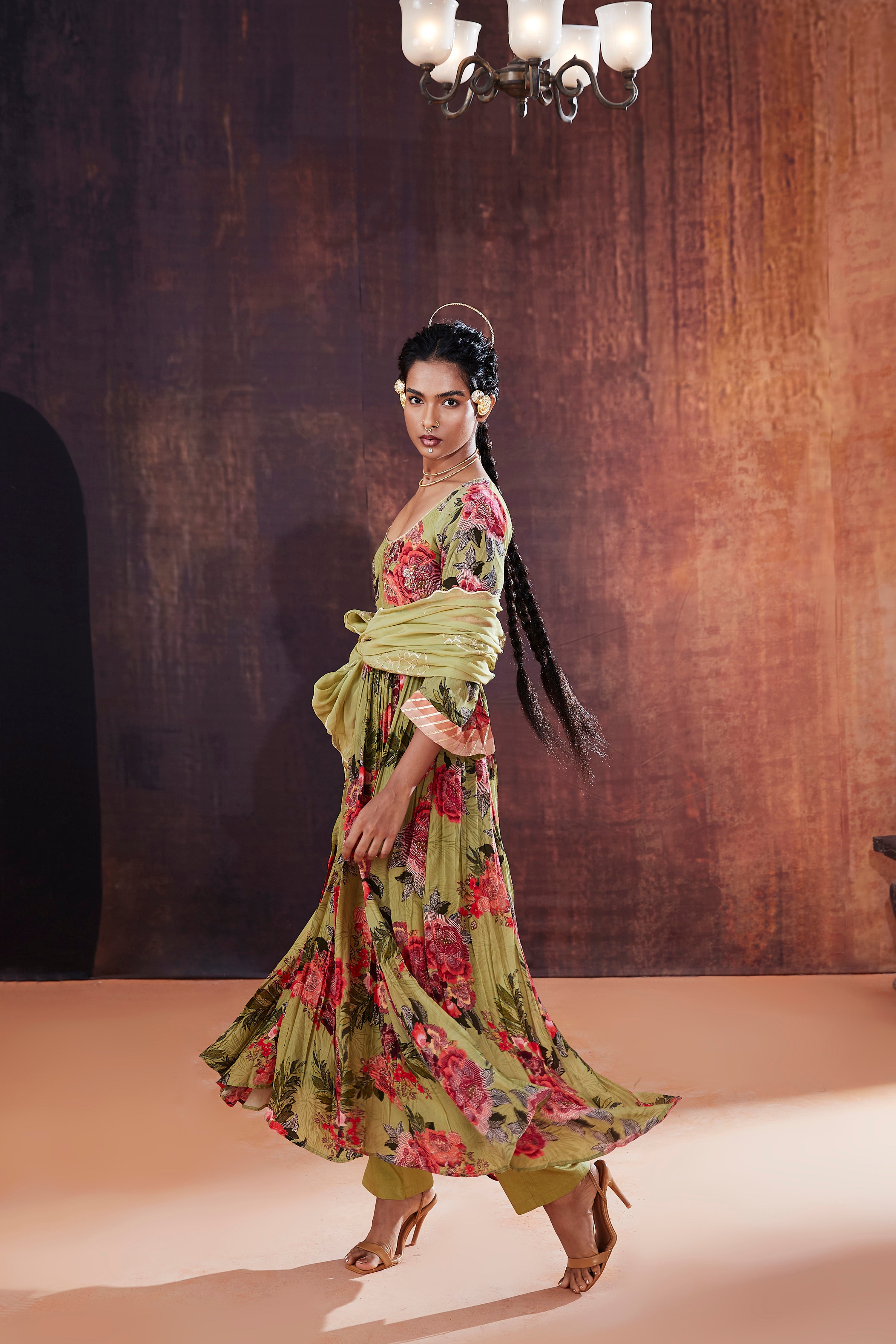 Moss Green Floral Printed Anarkali Set