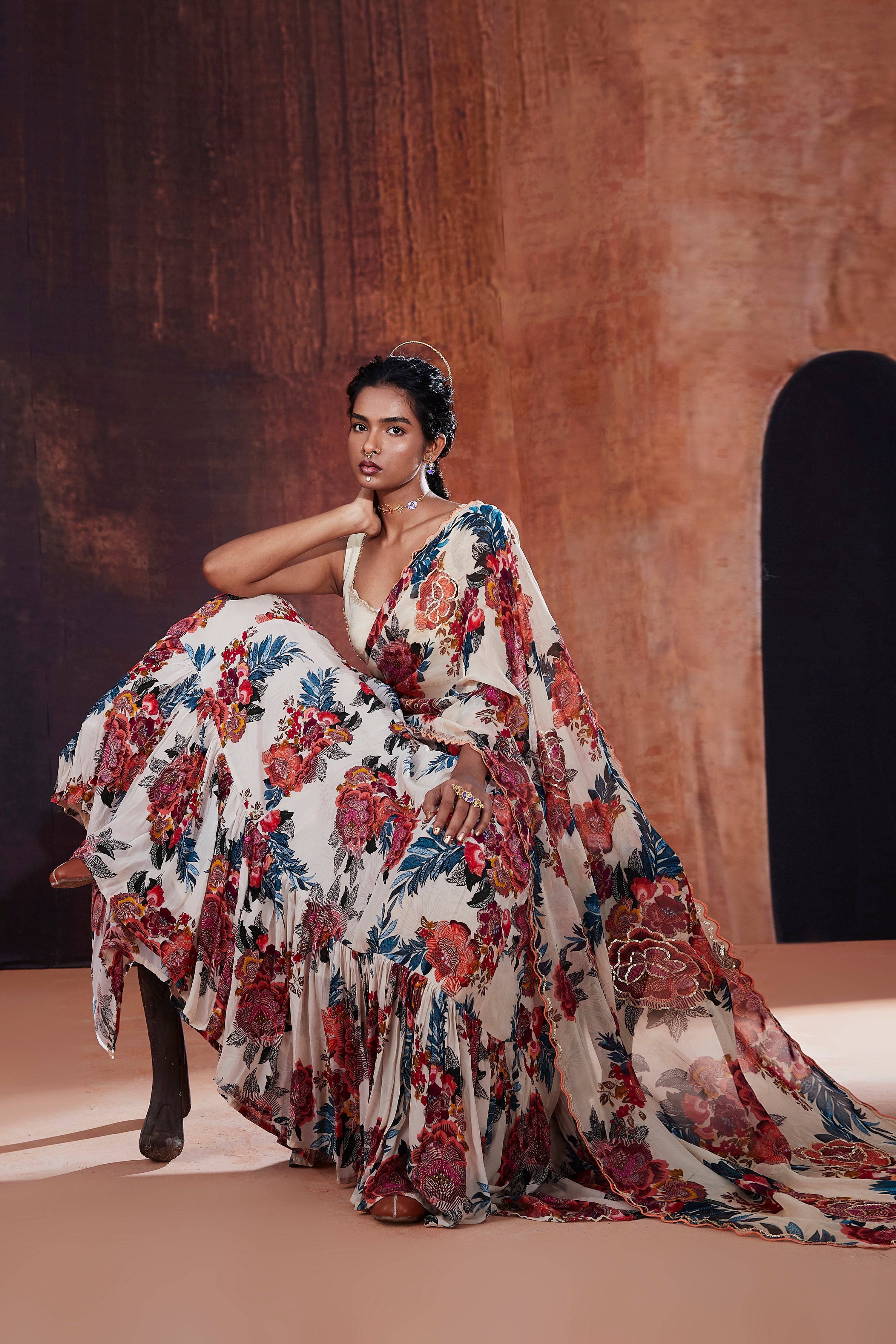 Ivory Floral Printed Lehenga Saree