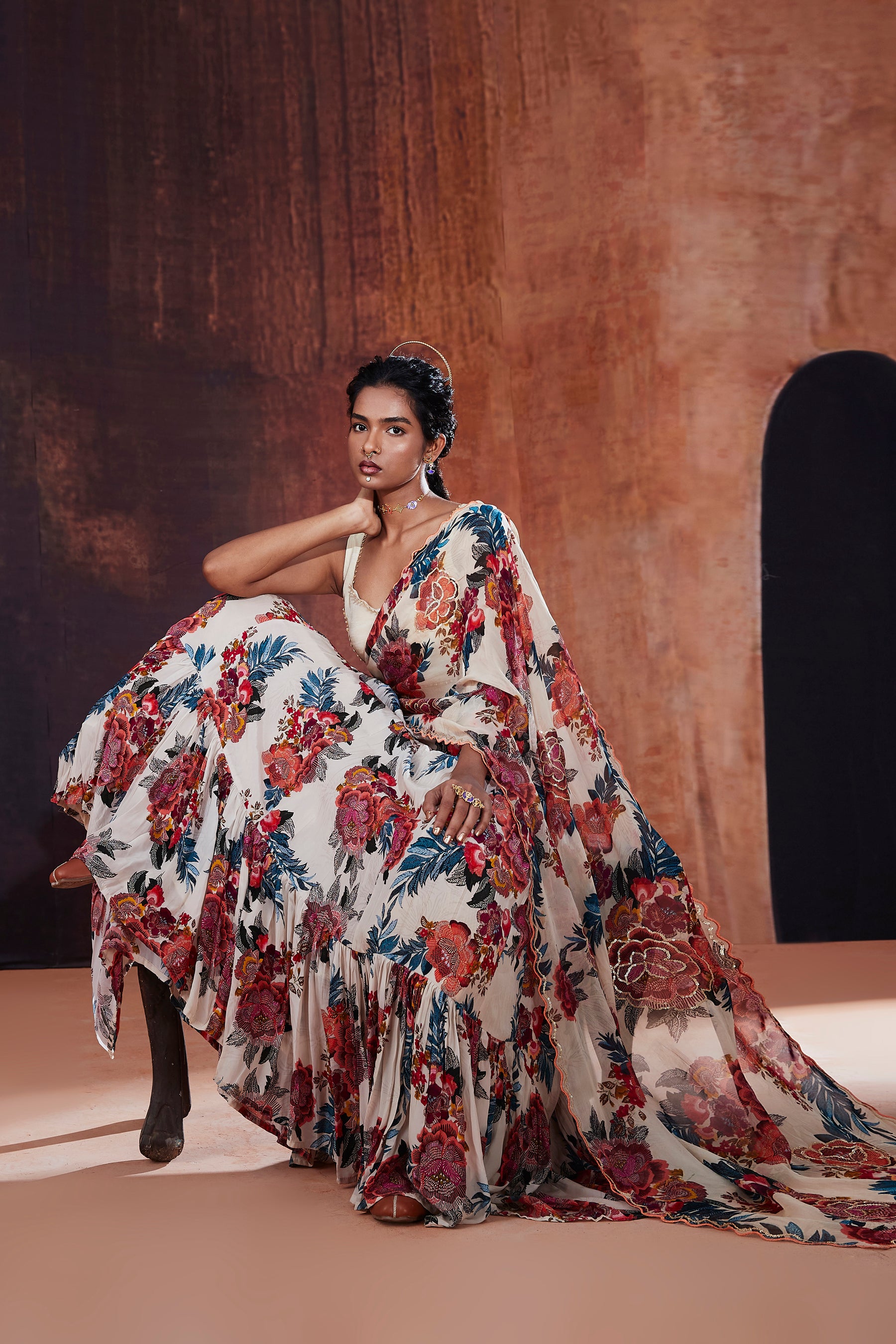 Ivory Floral Printed Lehenga Saree