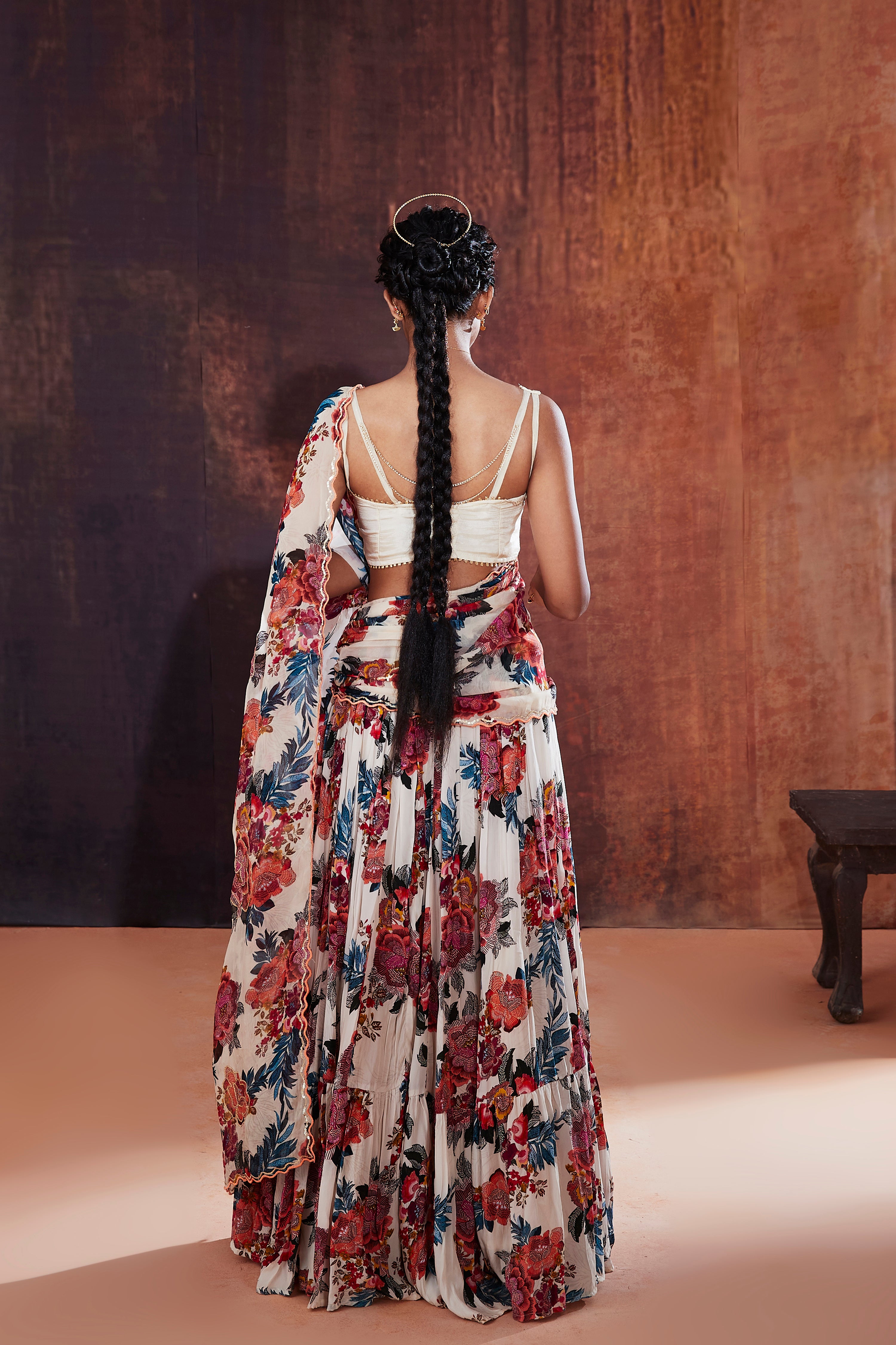 Ivory Floral Printed Lehenga Saree