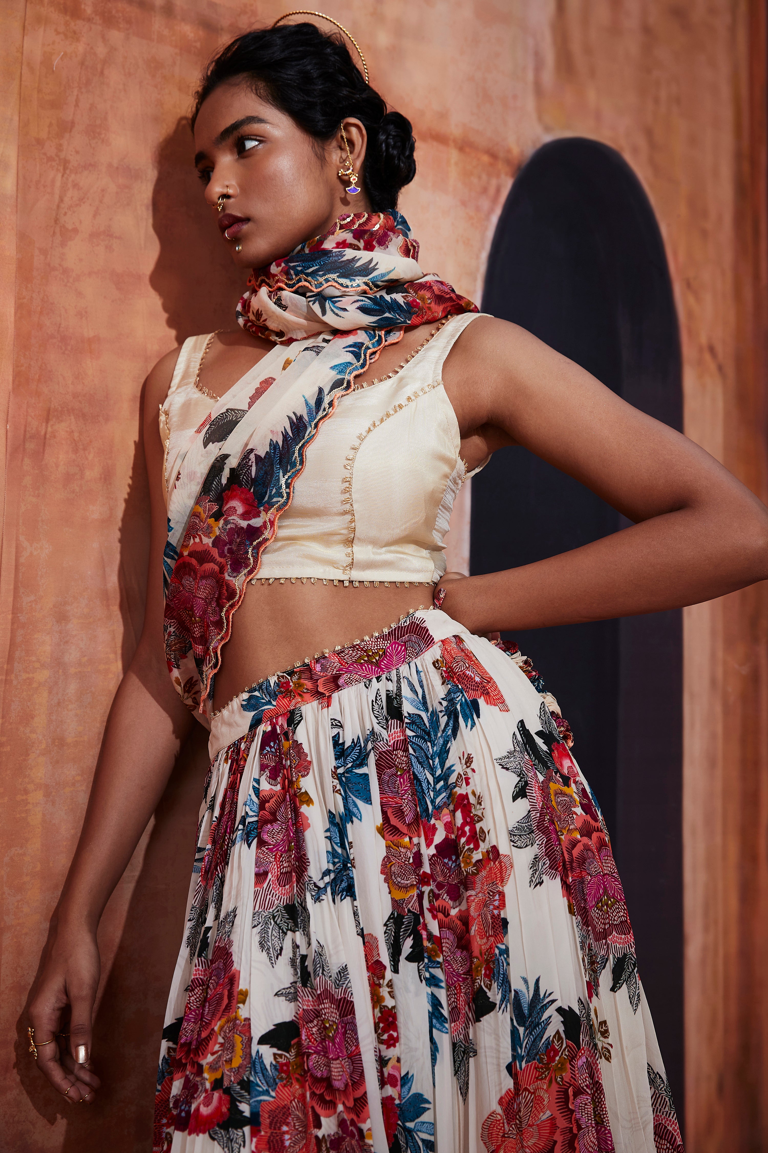 Ivory Floral Printed Lehenga Saree