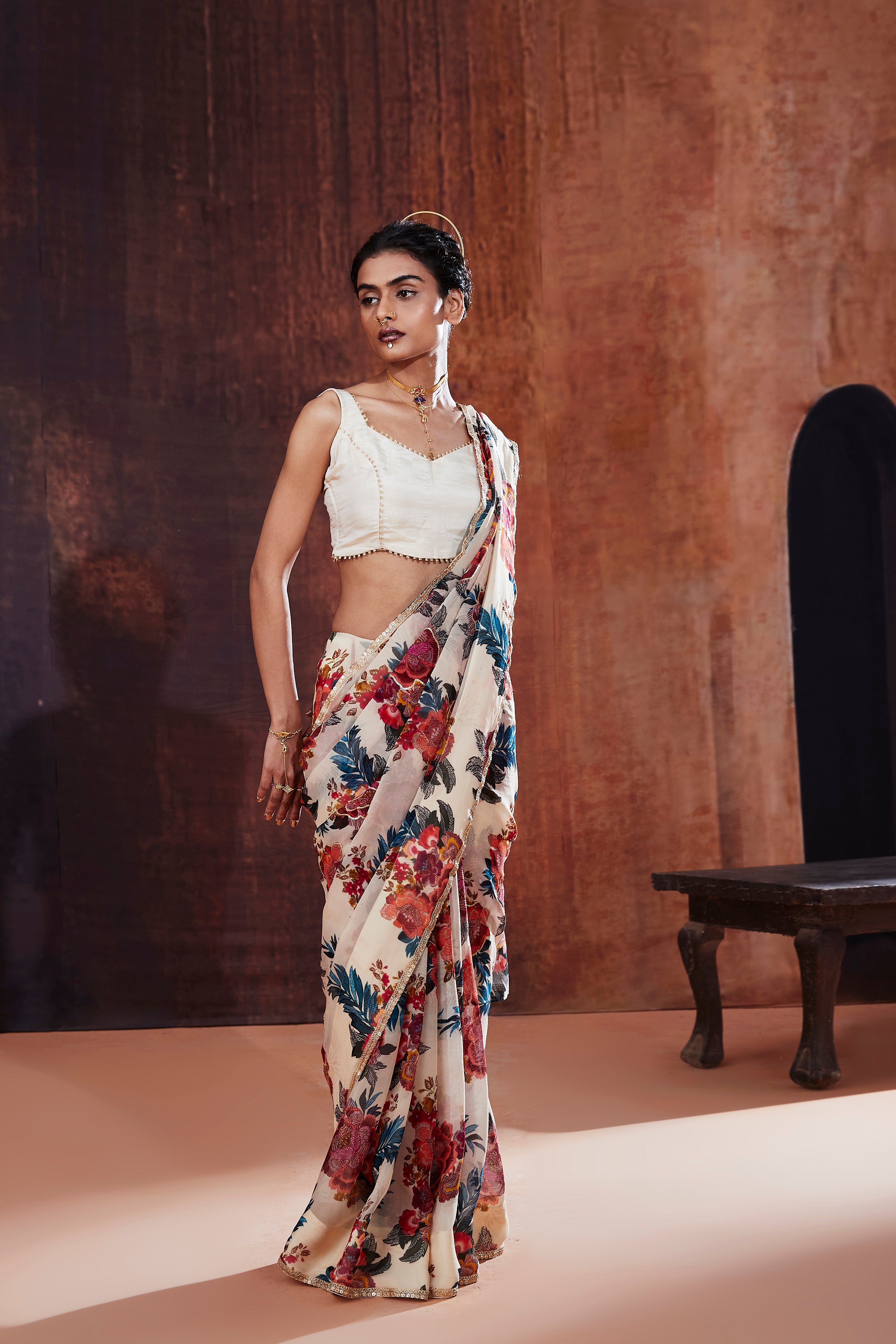 Ivory Floral Printed Organza Saree