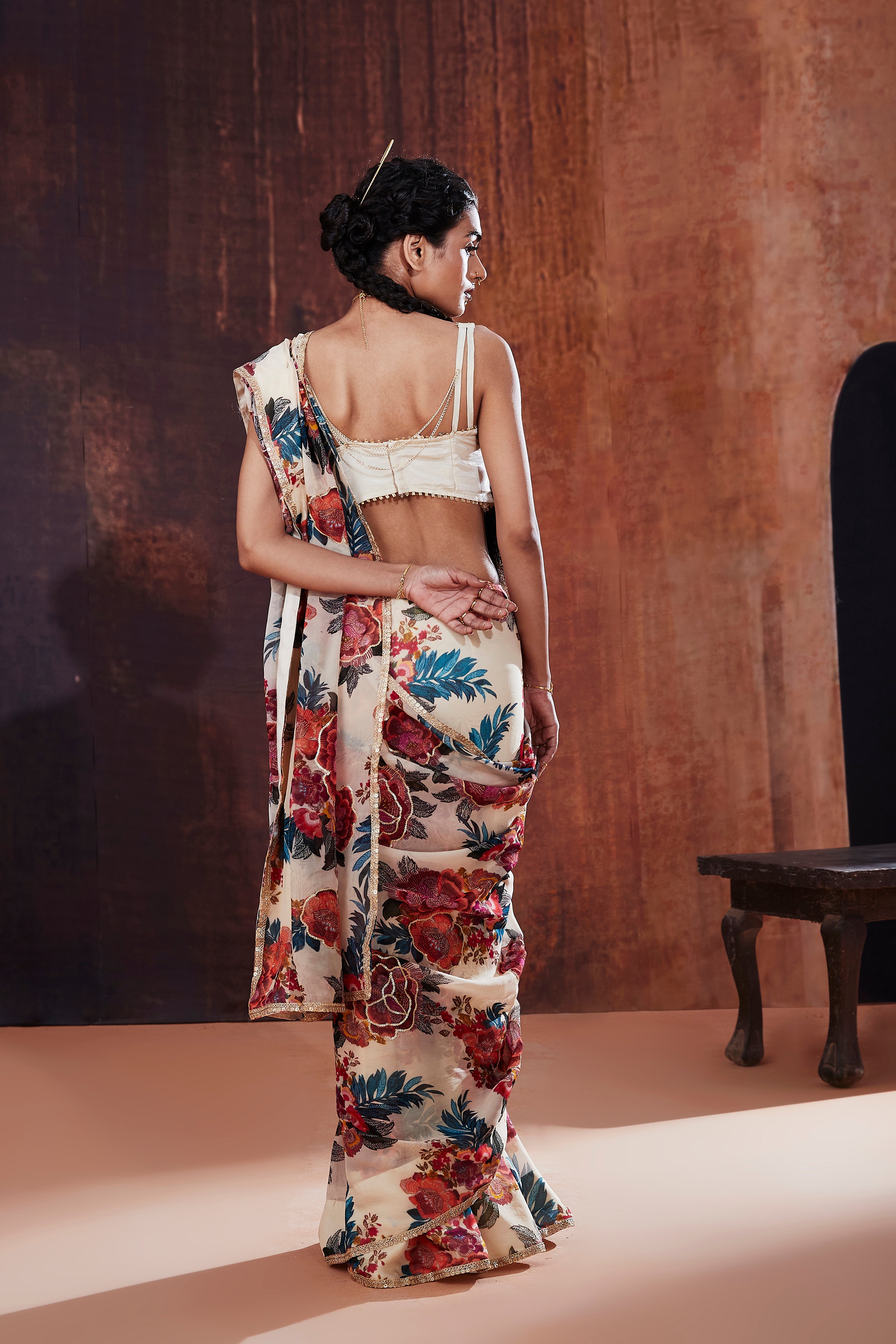 Ivory Floral Printed Organza Saree