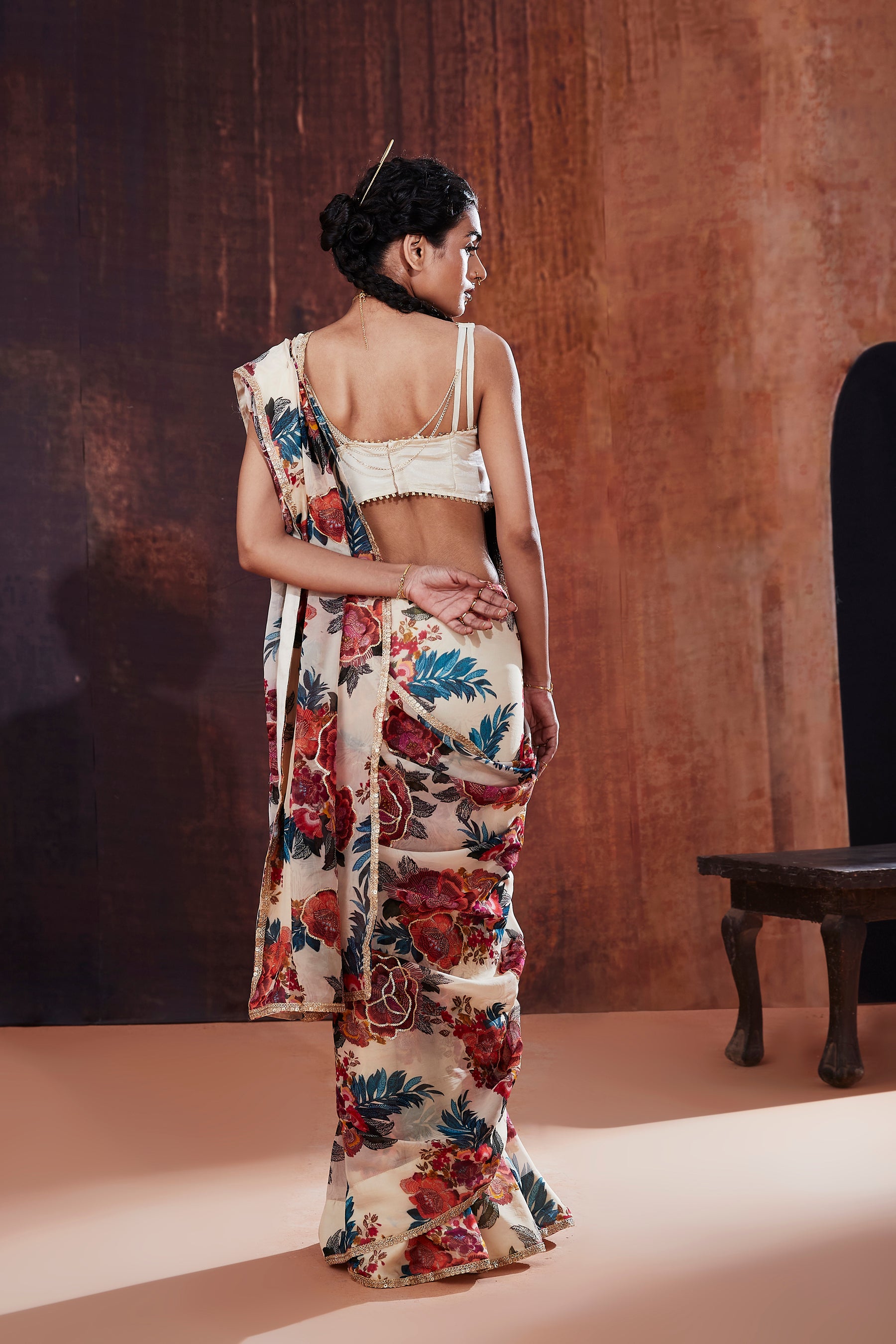Ivory Floral Printed Organza Saree