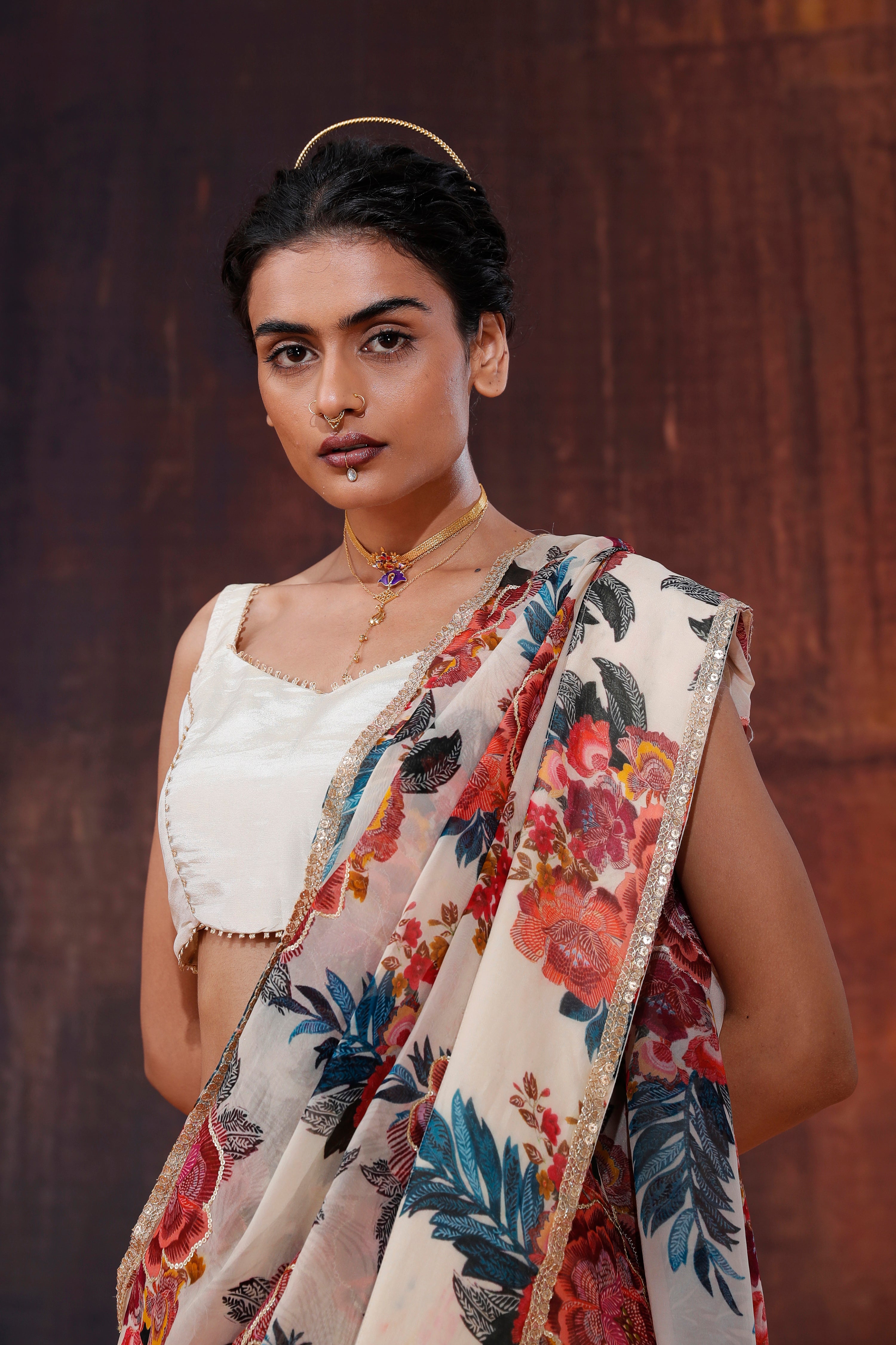 Ivory Floral Printed Organza Saree