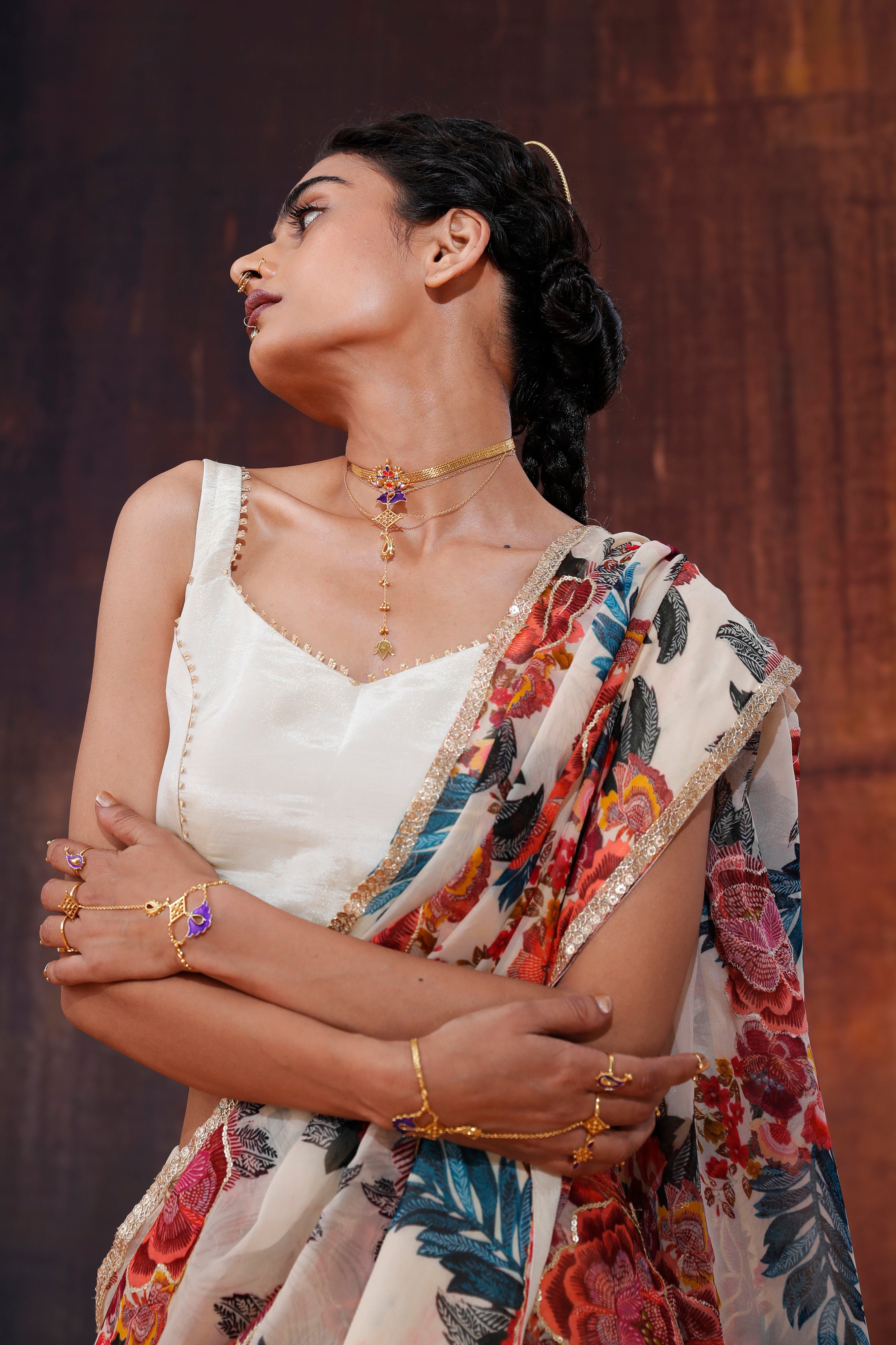 Ivory Floral Printed Organza Saree