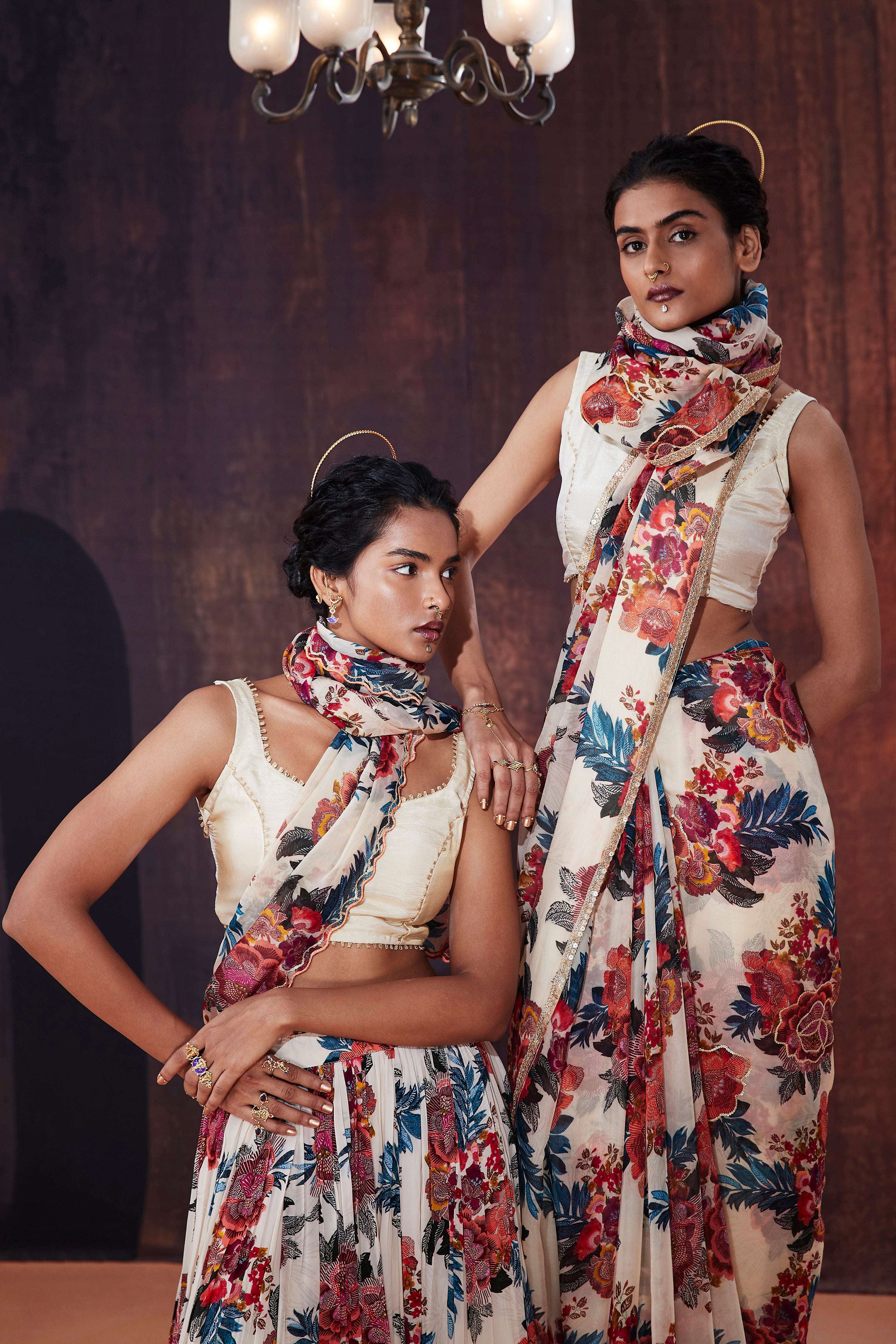 Ivory Floral Printed Lehenga Saree