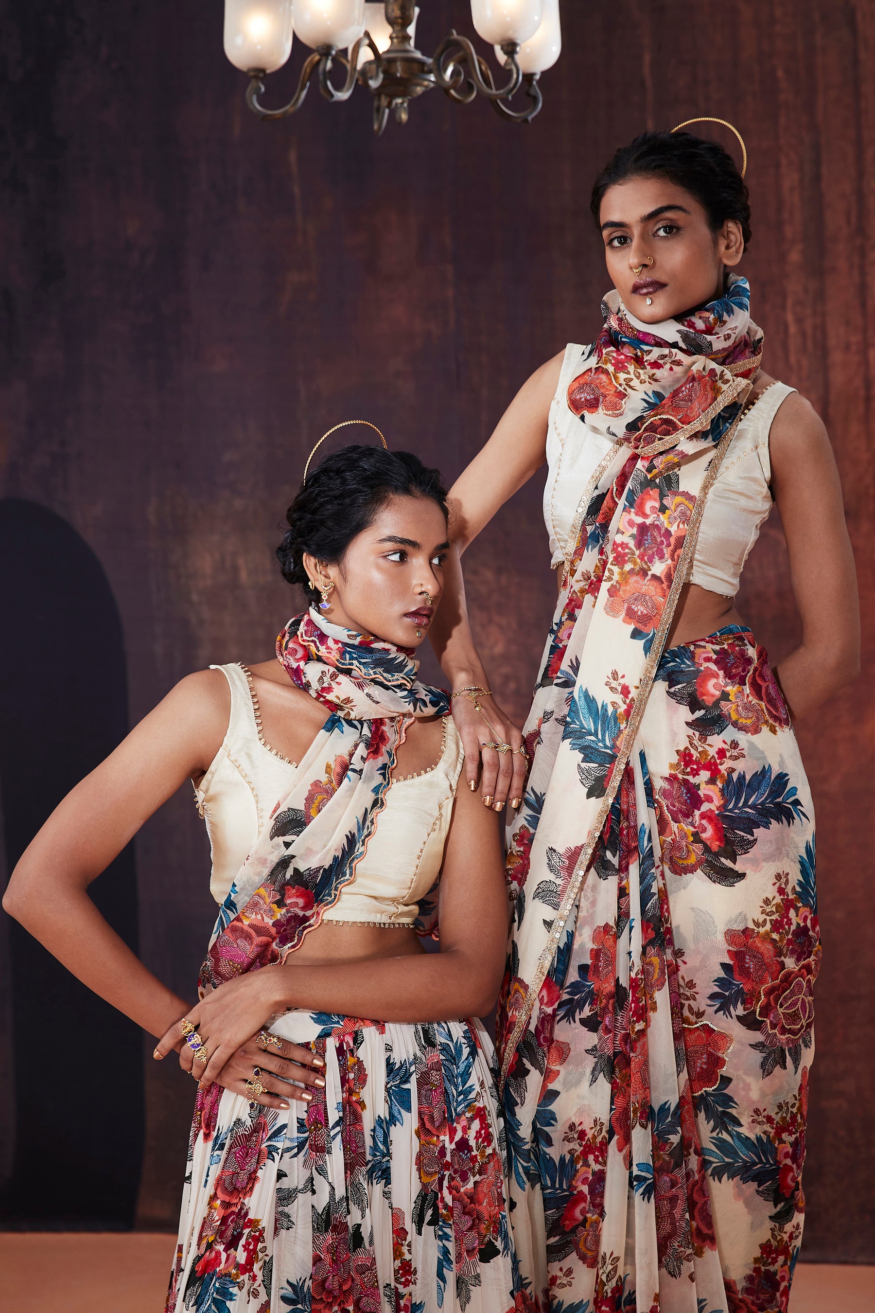 Ivory Floral Printed Organza Saree