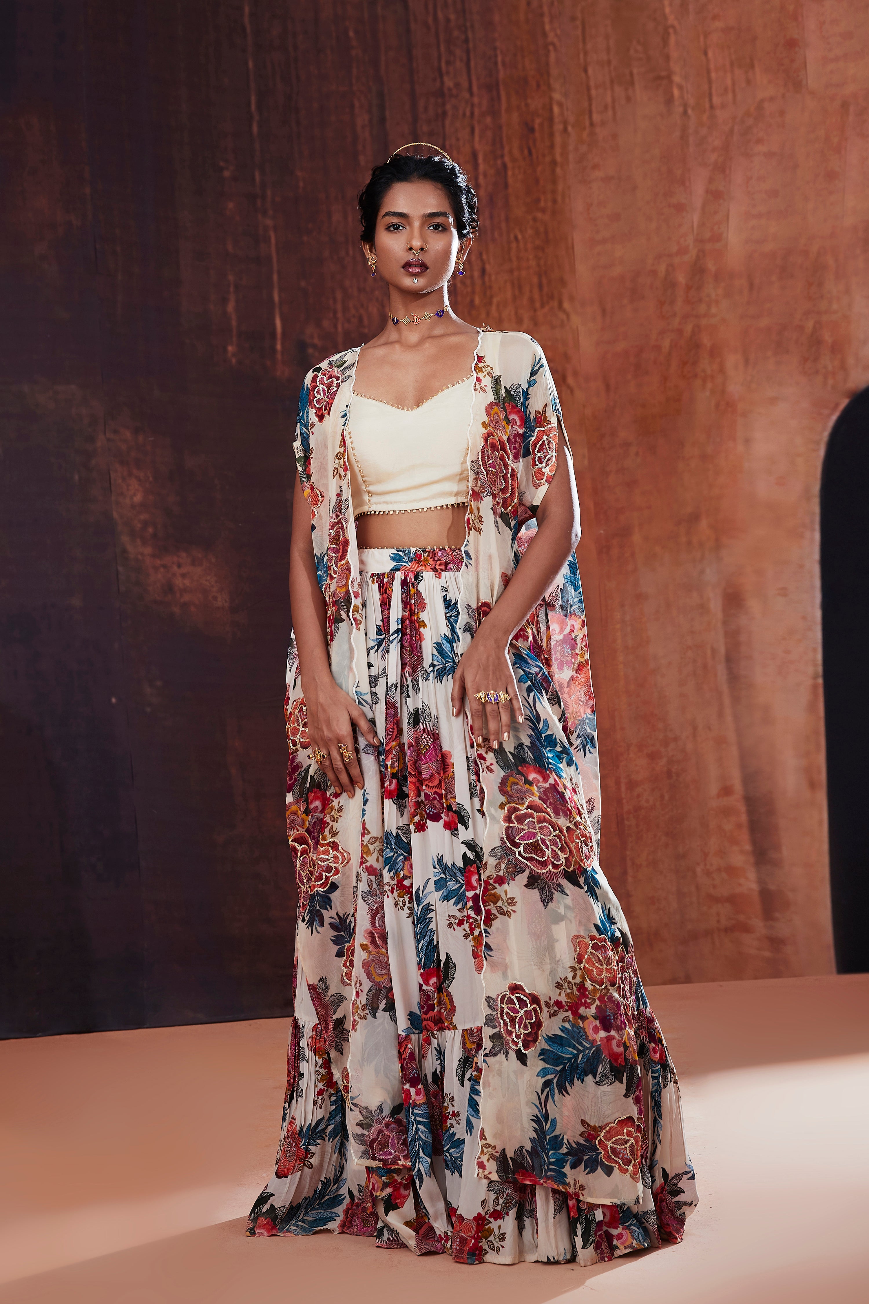 Ivory Floral Printed Lehenga Set With Cape