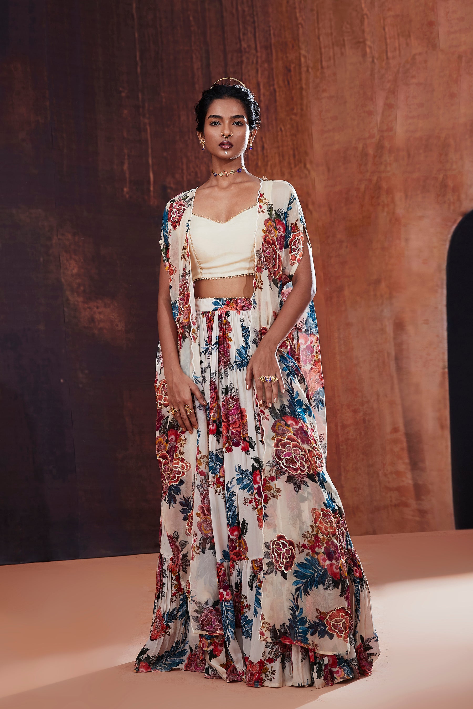 Ivory Floral Printed Lehenga Set With Cape