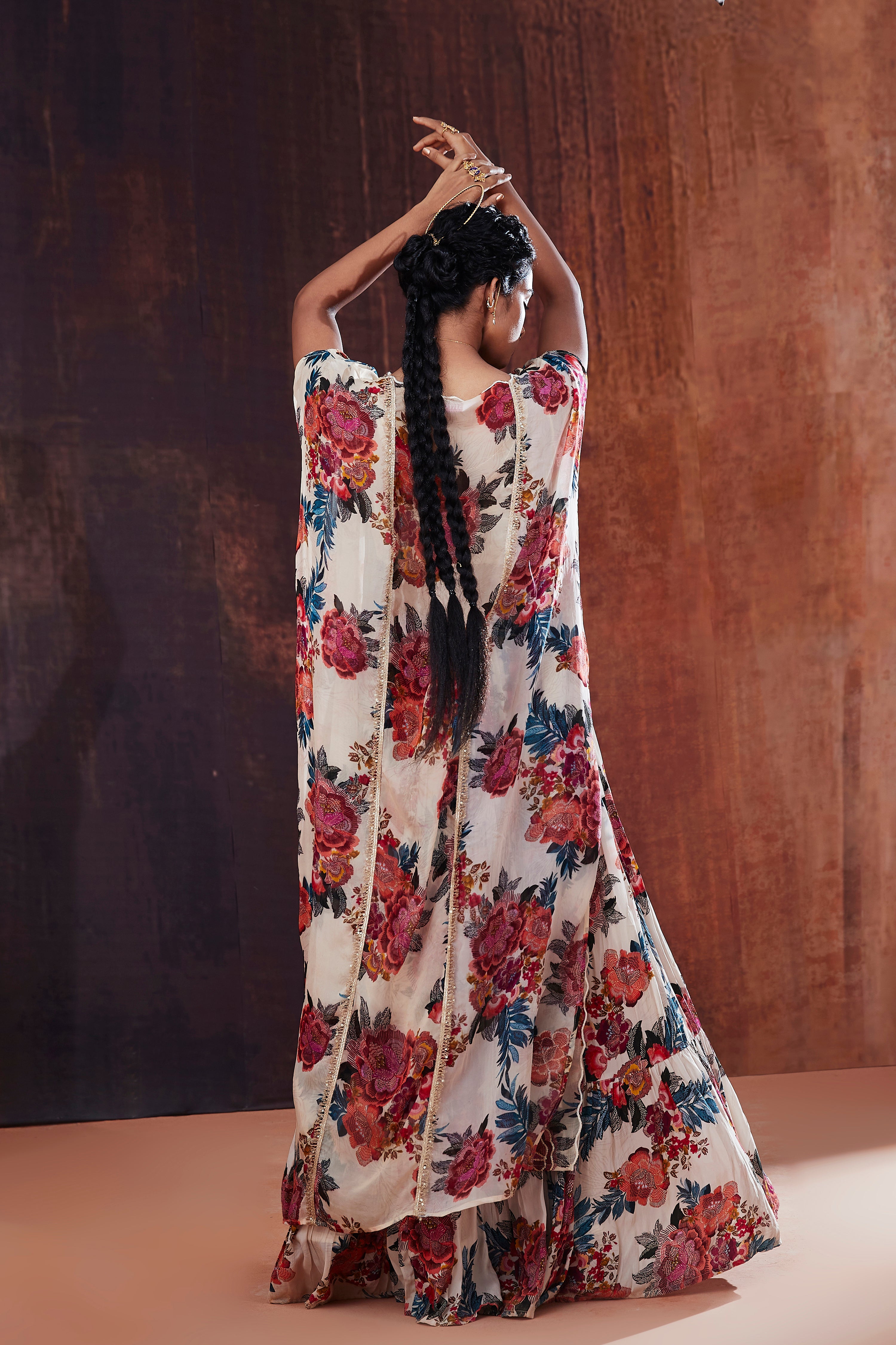 Ivory Floral Printed Lehenga Set With Cape