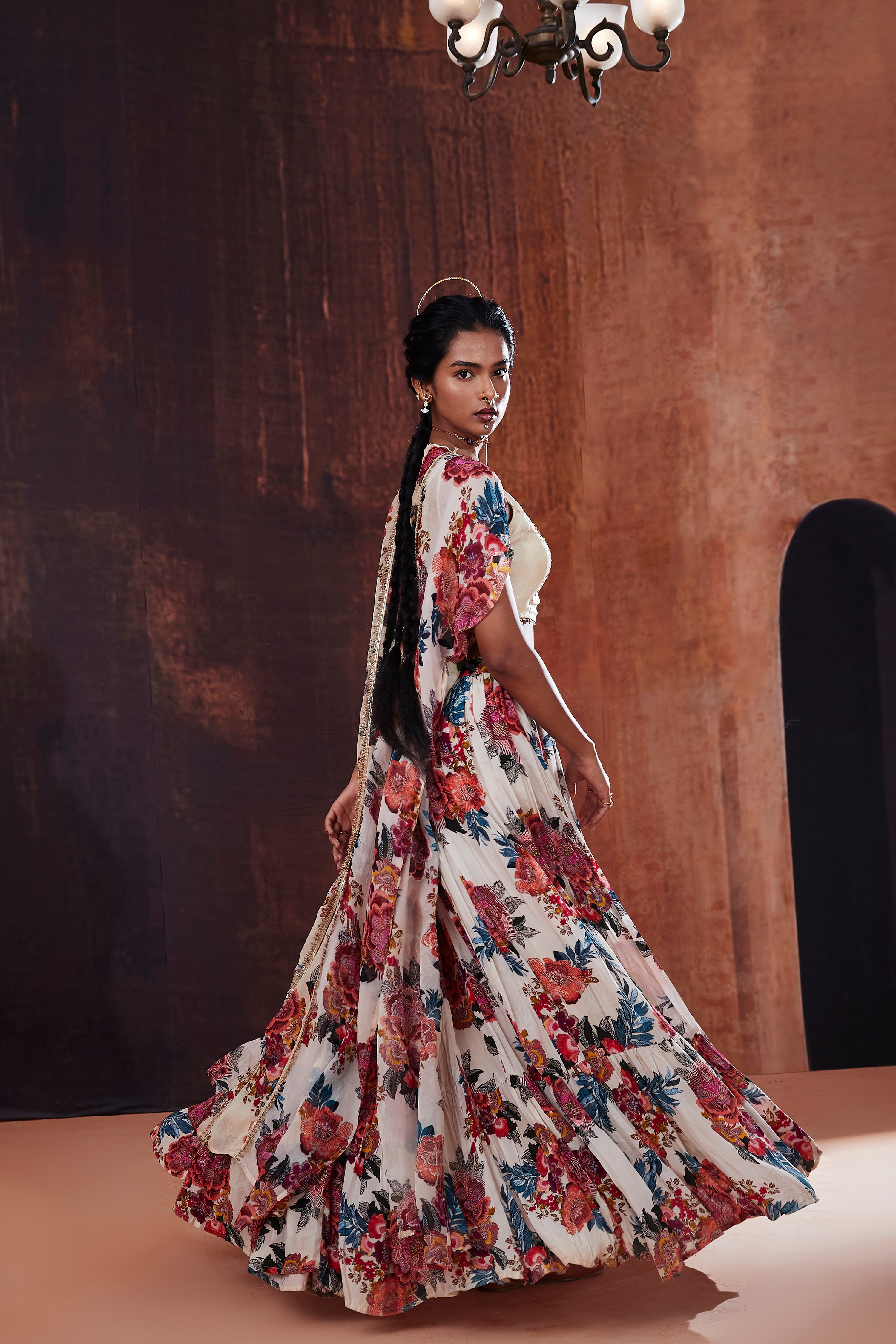 Ivory Floral Printed Lehenga Set With Cape