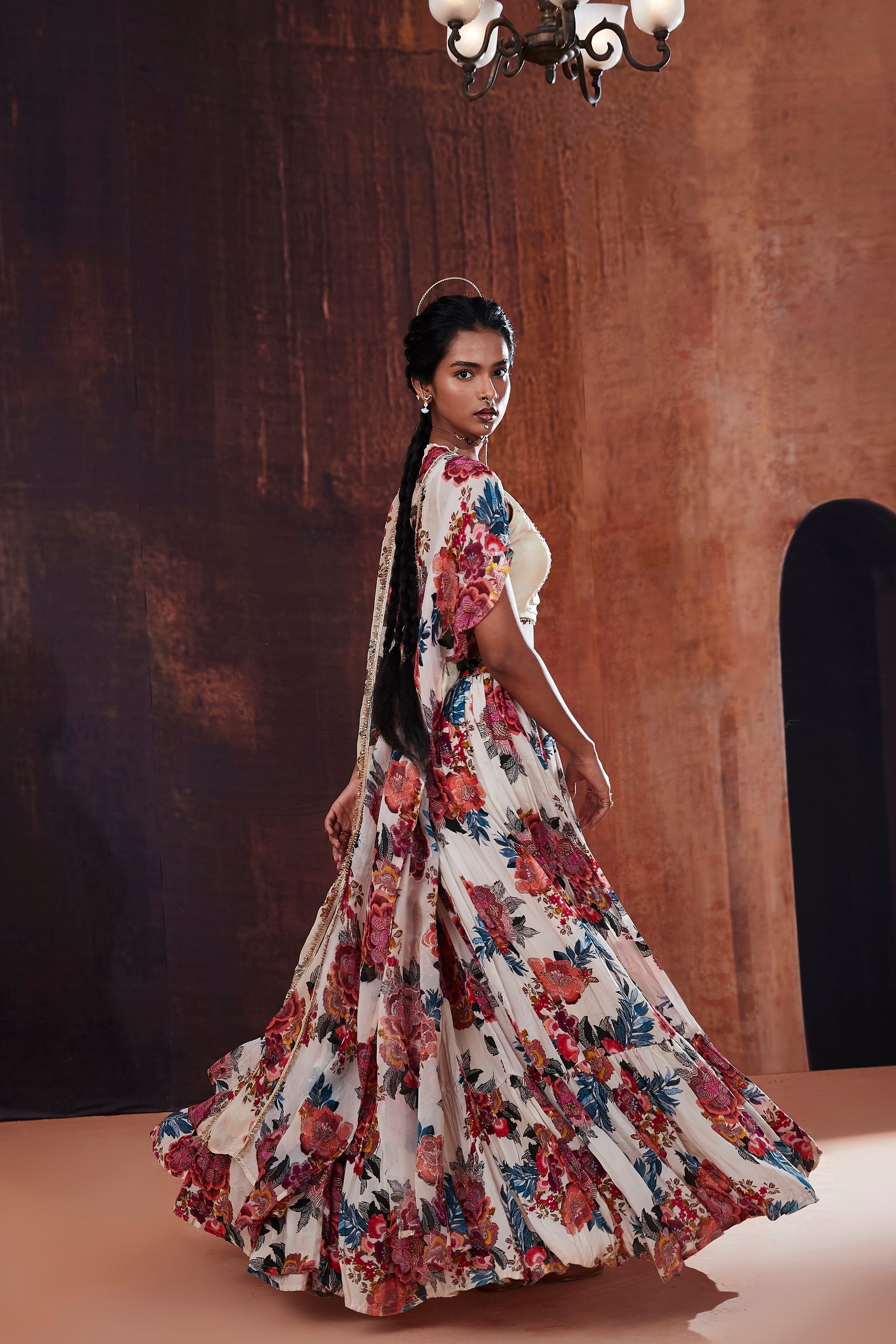 Ivory Floral Printed Lehenga Set With Cape