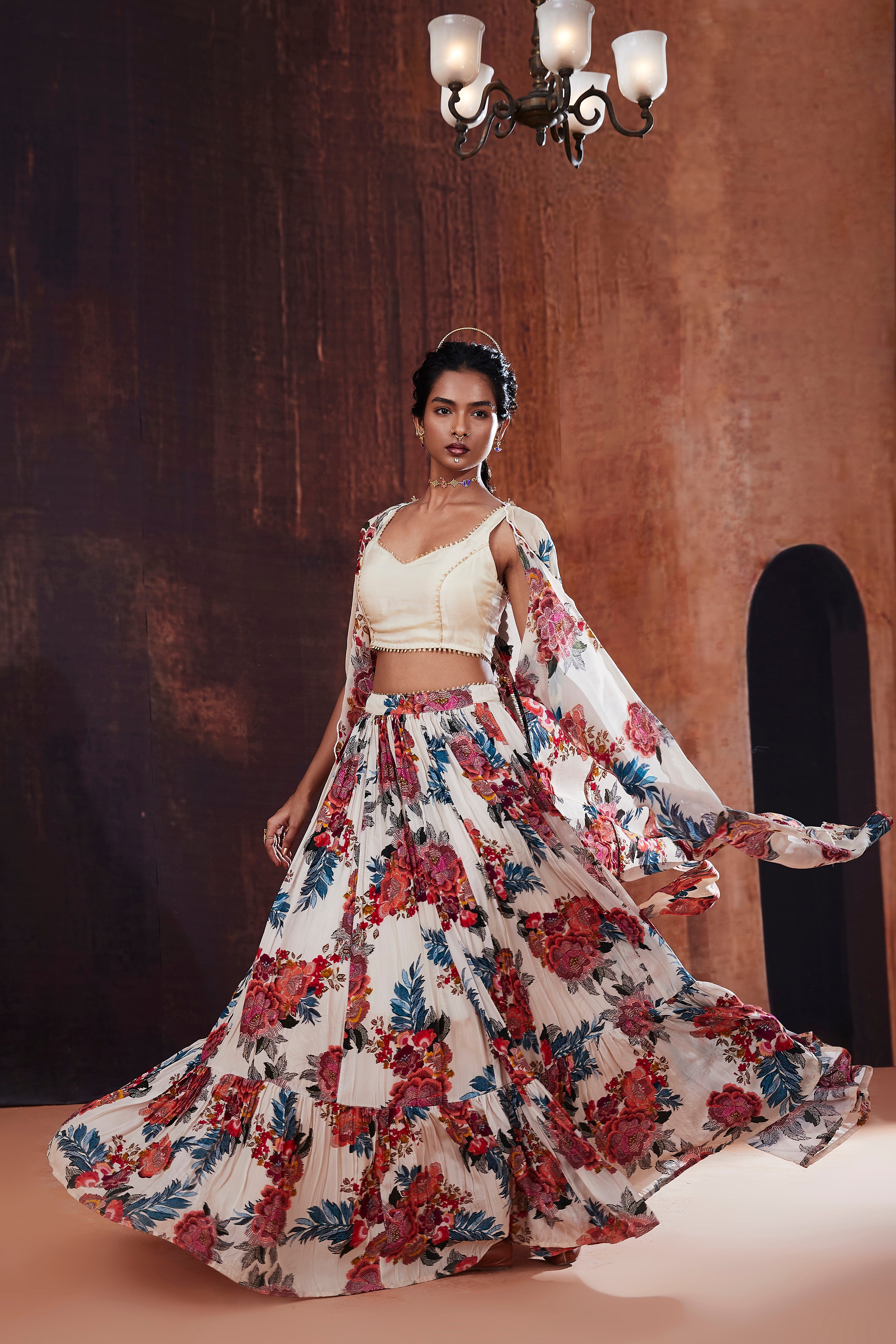 Ivory Floral Printed Lehenga Set With Cape