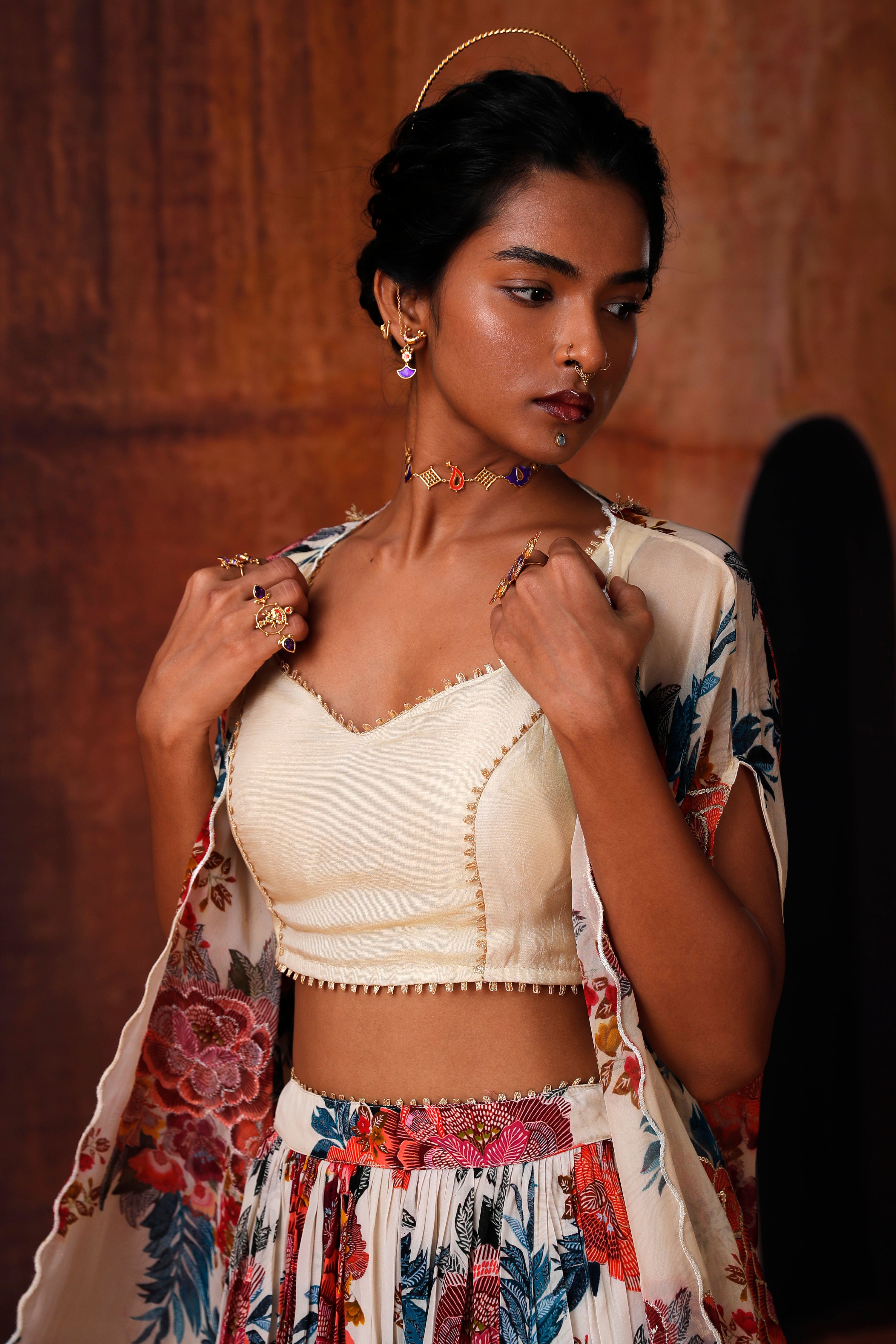 Ivory Floral Printed Lehenga Set With Cape