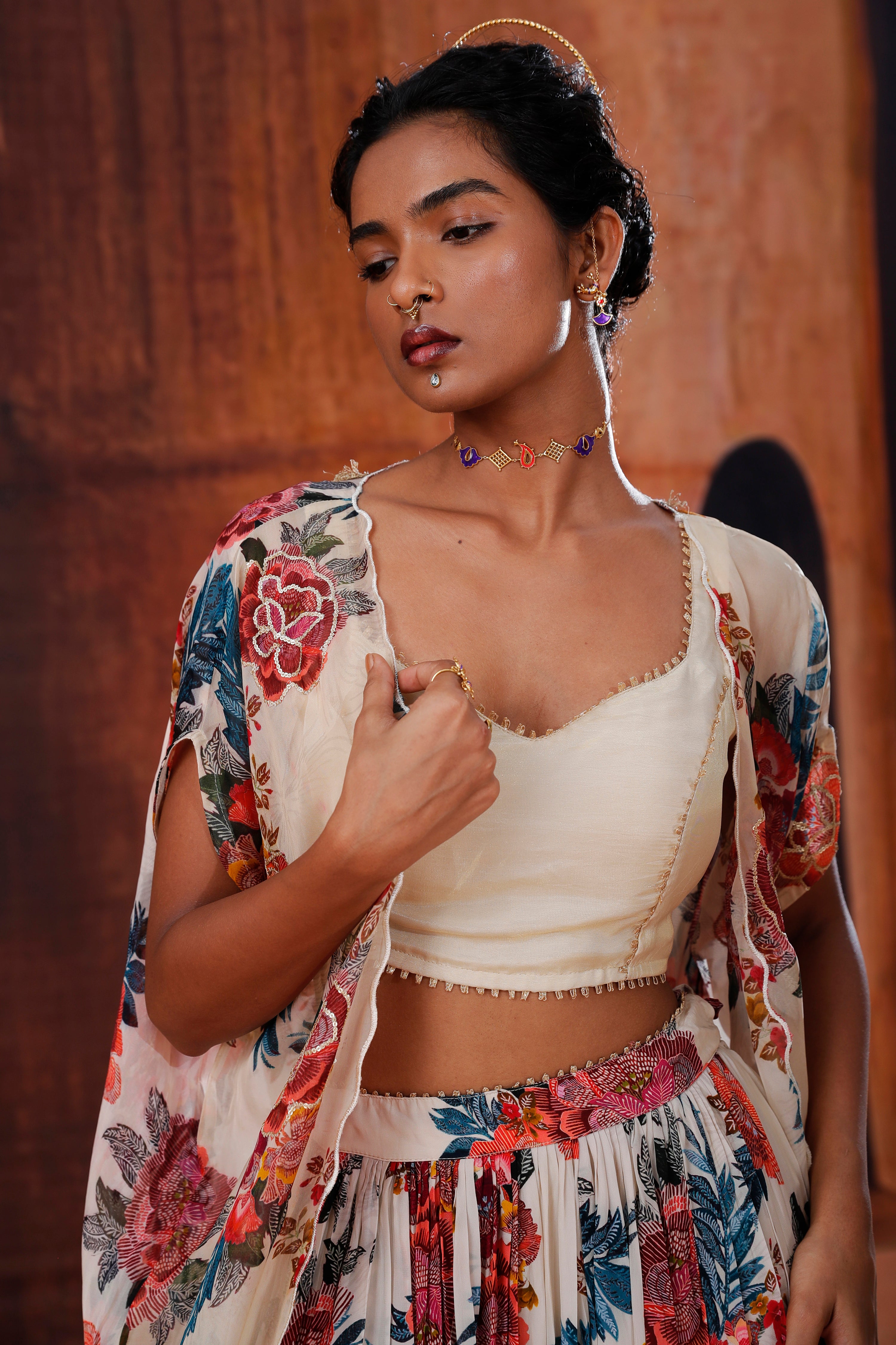 Ivory Floral Printed Lehenga Set With Cape