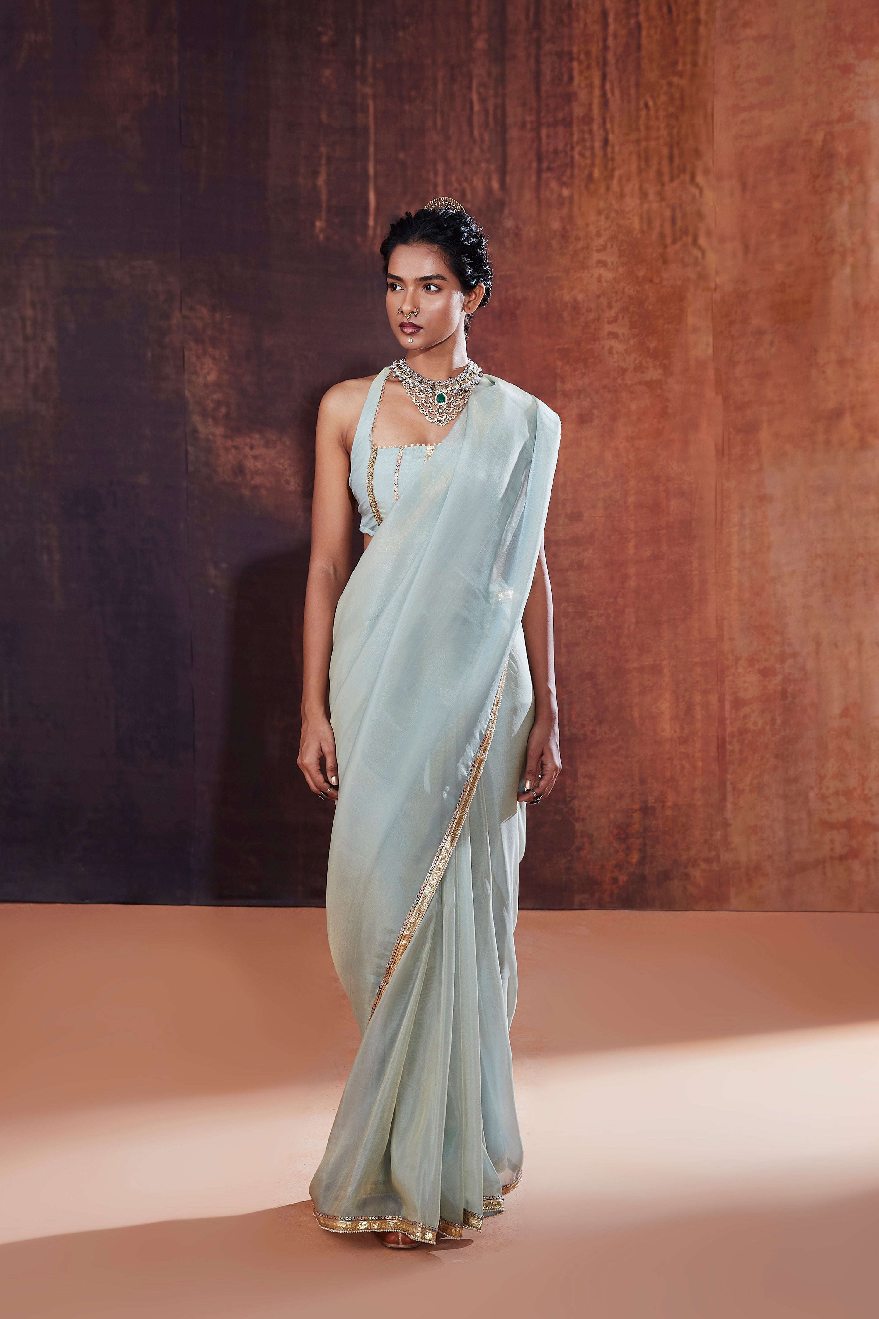 Powder Blue Tissue Saree Set