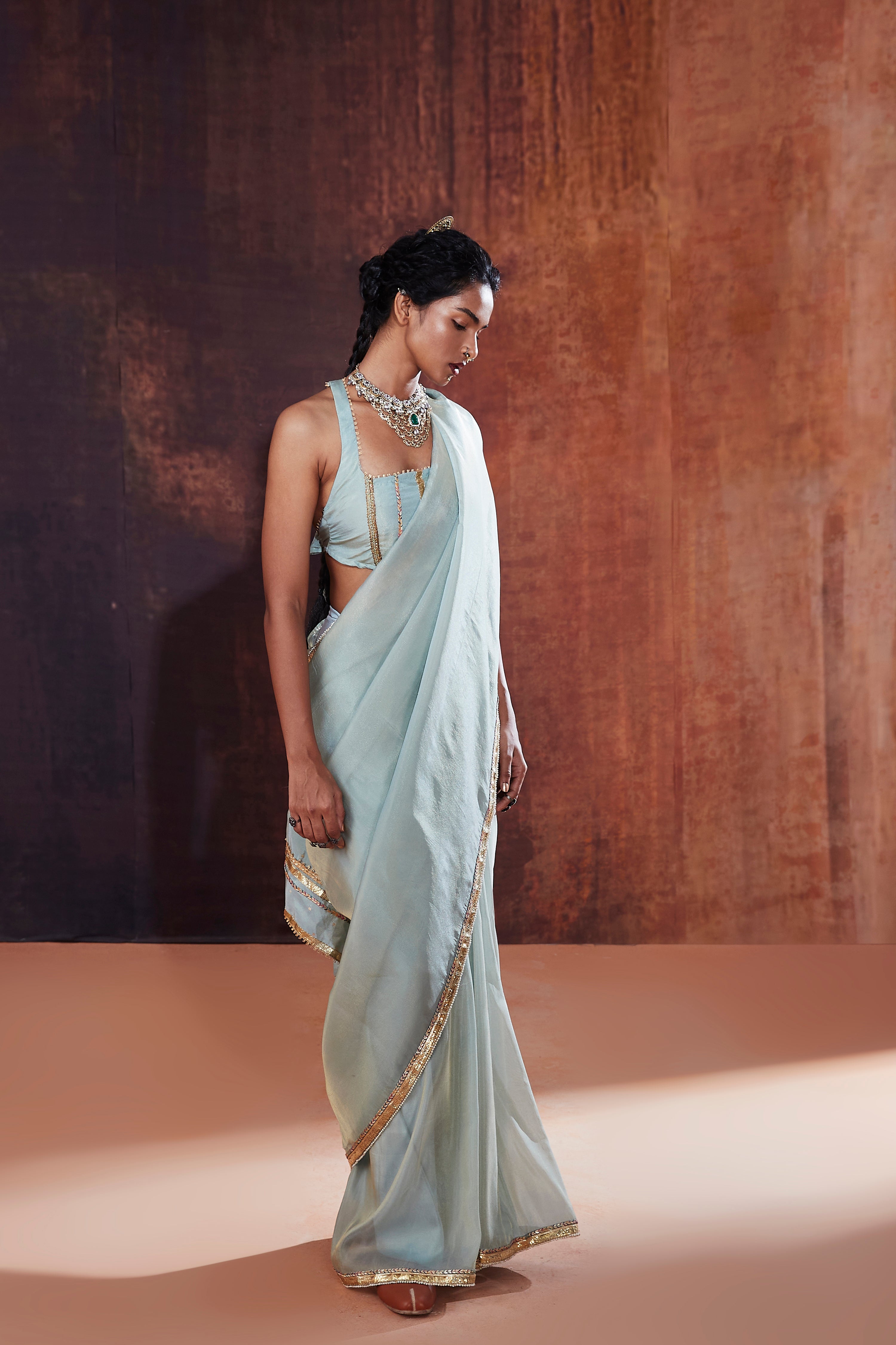 Powder Blue Tissue Saree Set