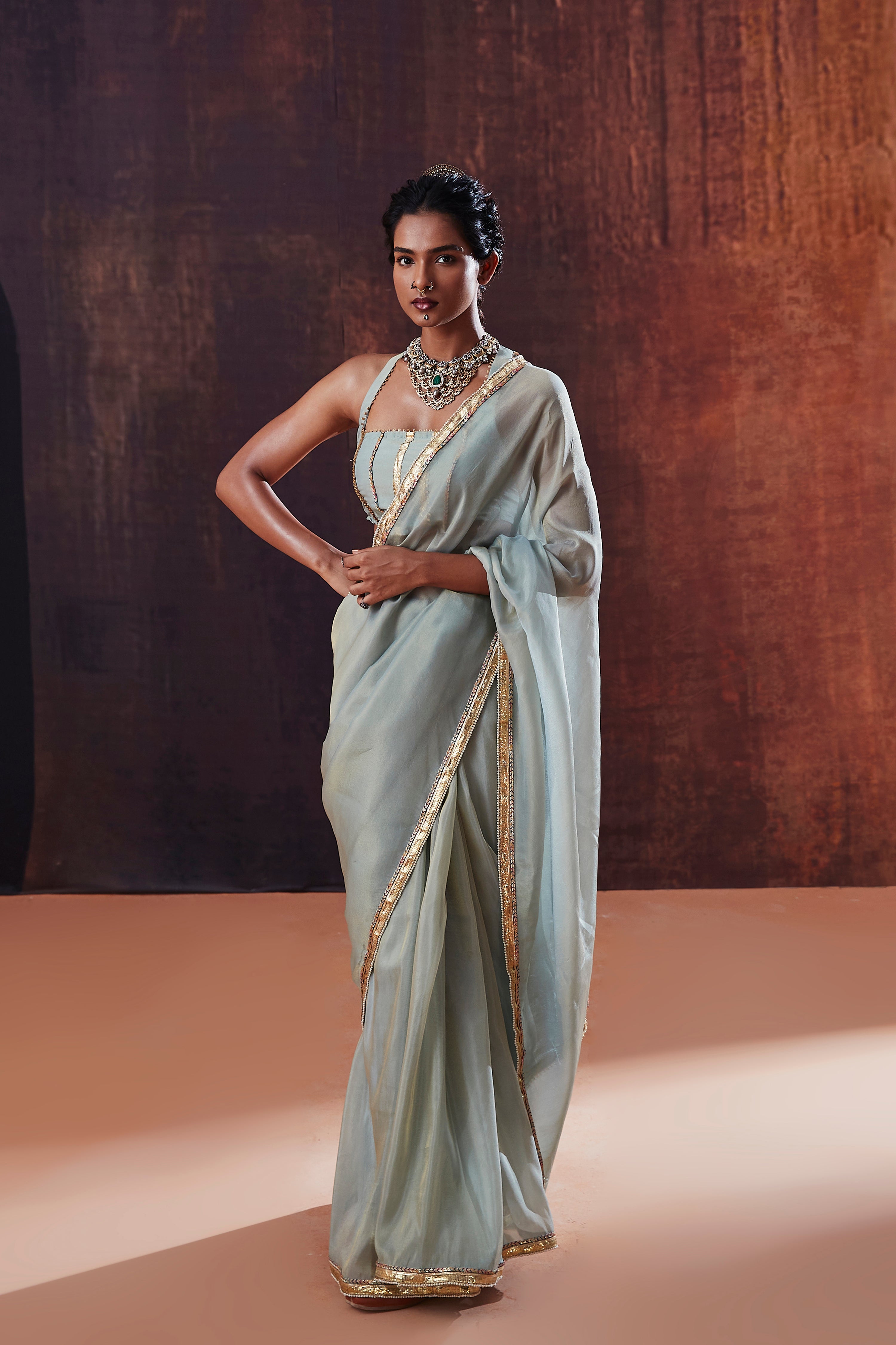 Powder Blue Tissue Saree Set