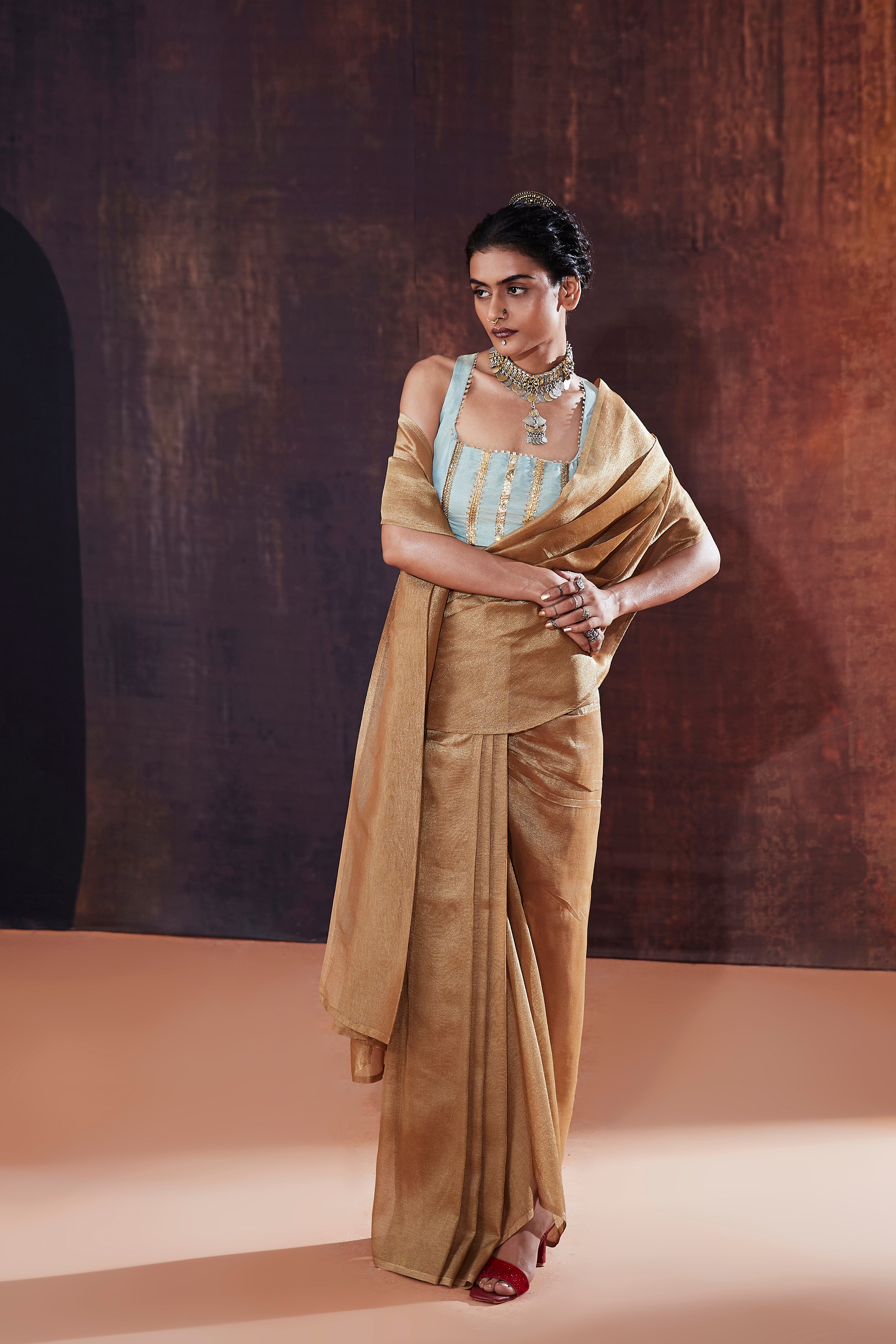 Gold Crush Tissue Pre-drape saree