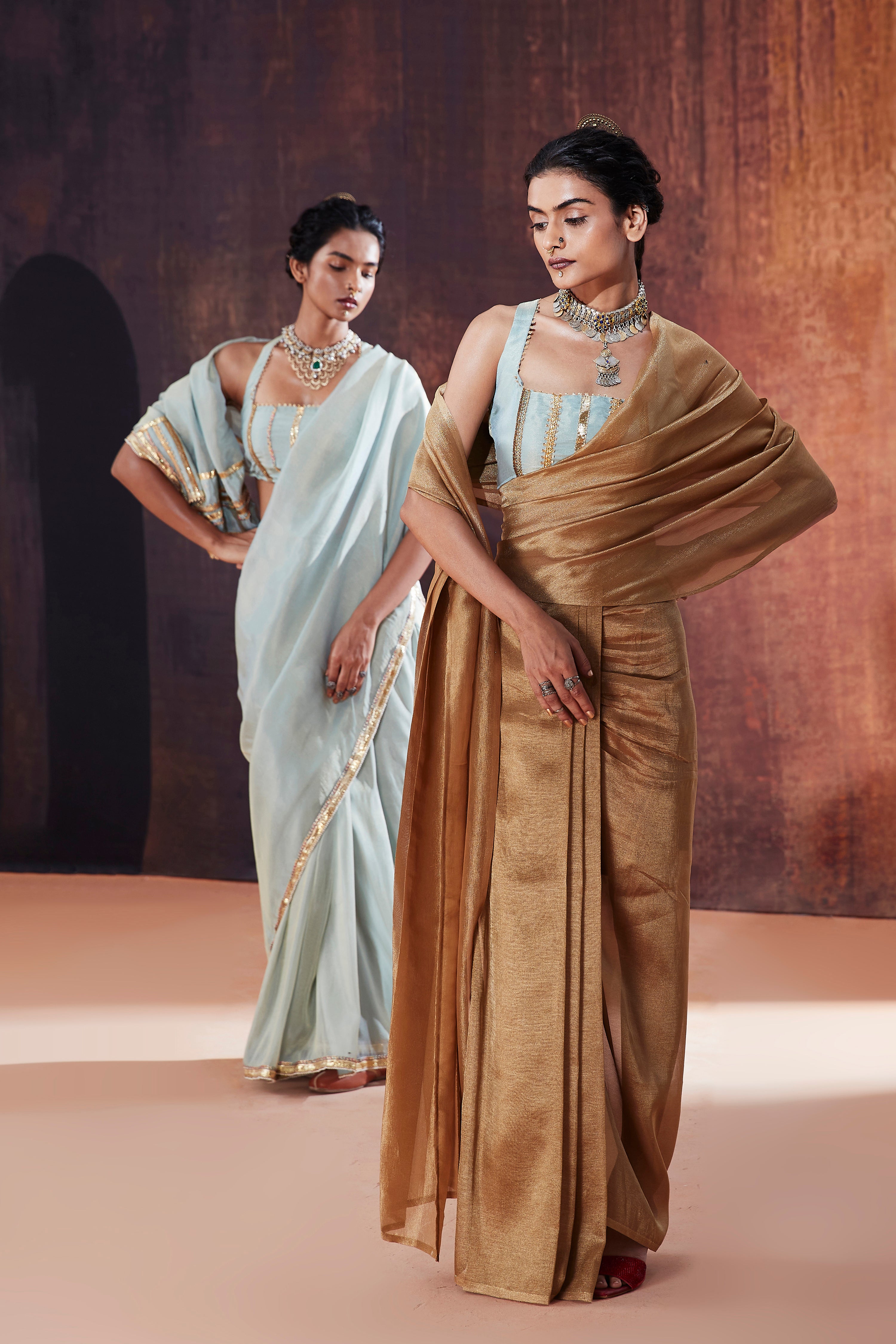 Gold Crush Tissue Pre-drape saree