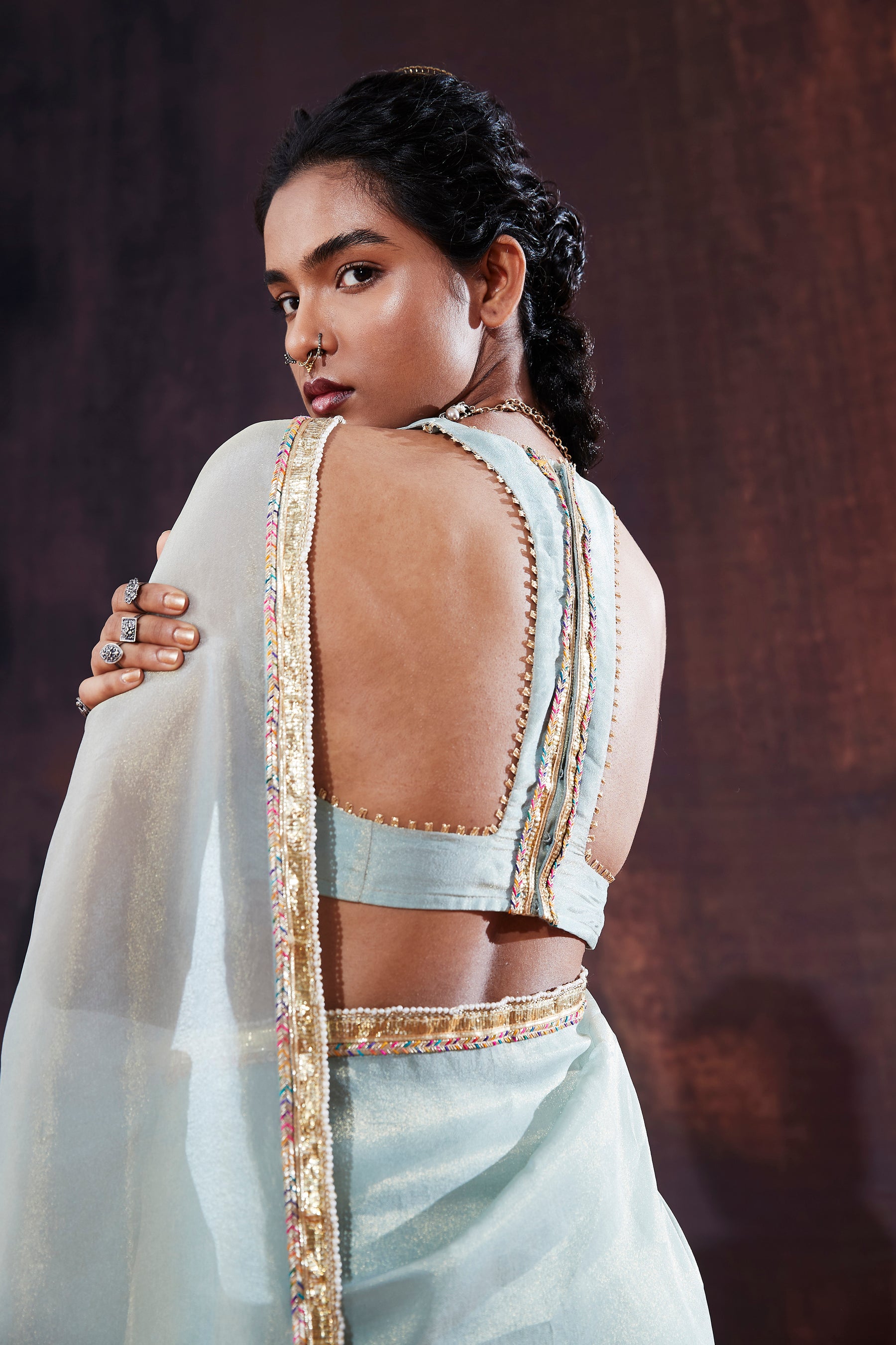 Powder Blue Tissue Saree Set