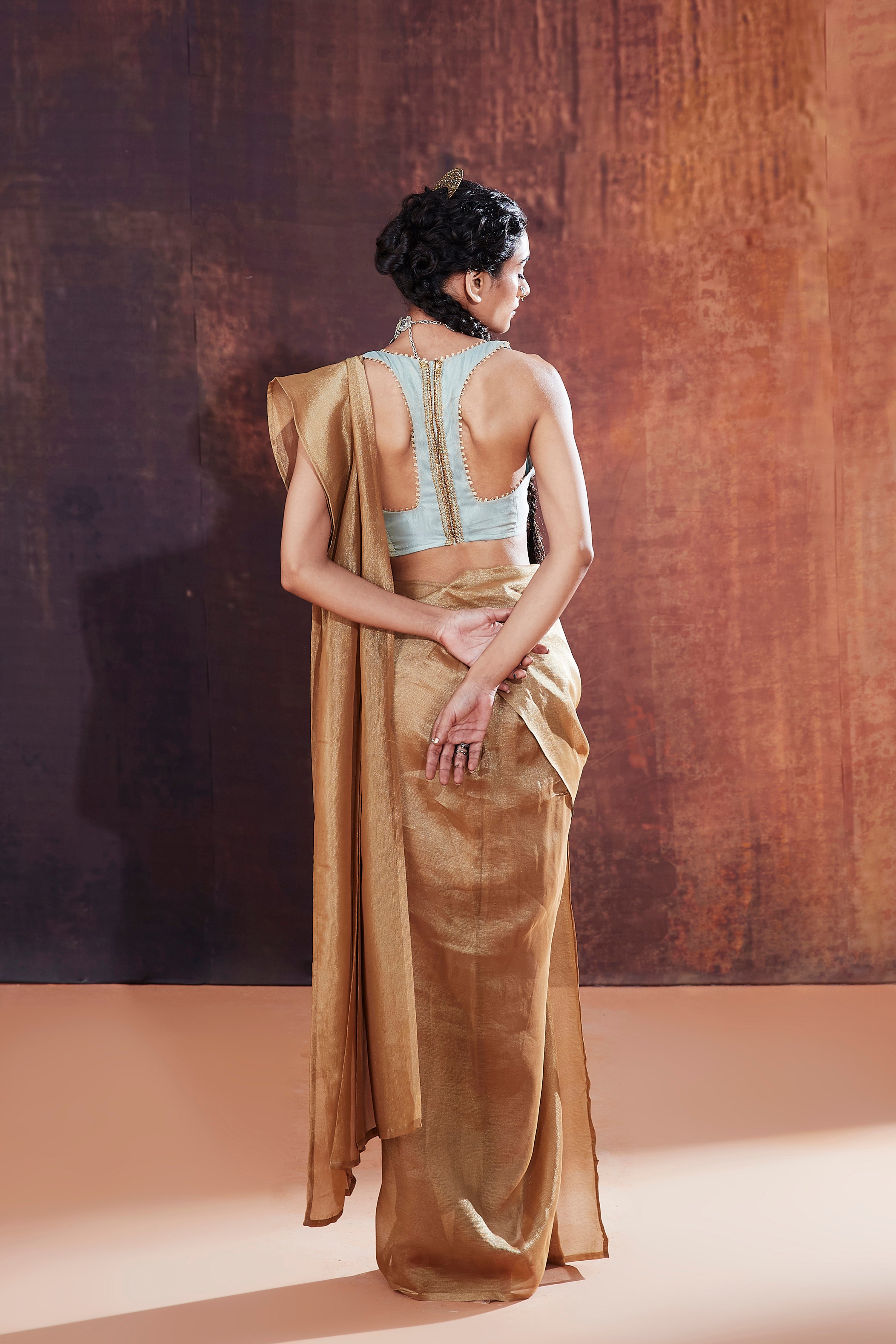 Gold Crush Tissue Pre-drape saree