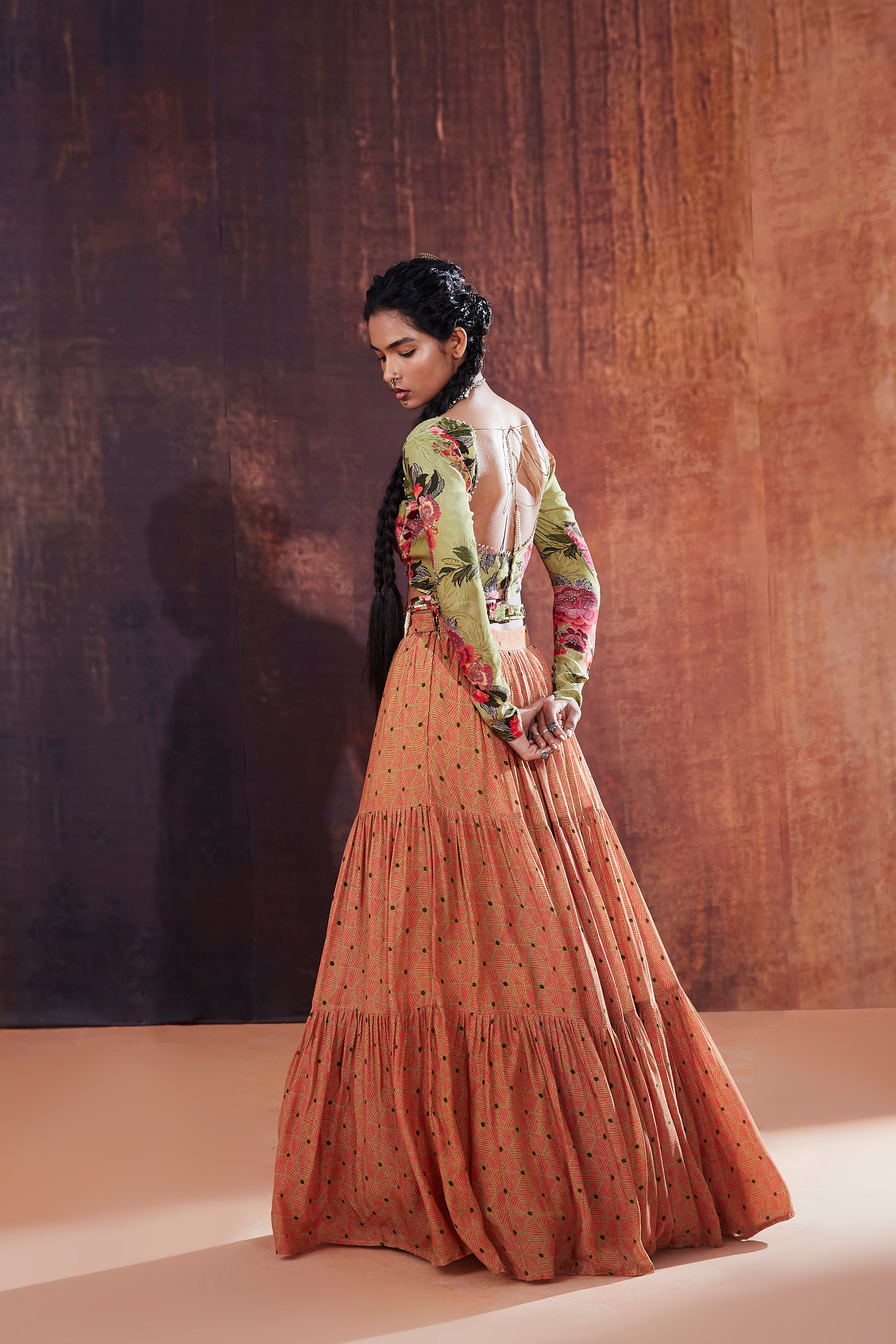 Moss Green Floral Printed Lehenga Set