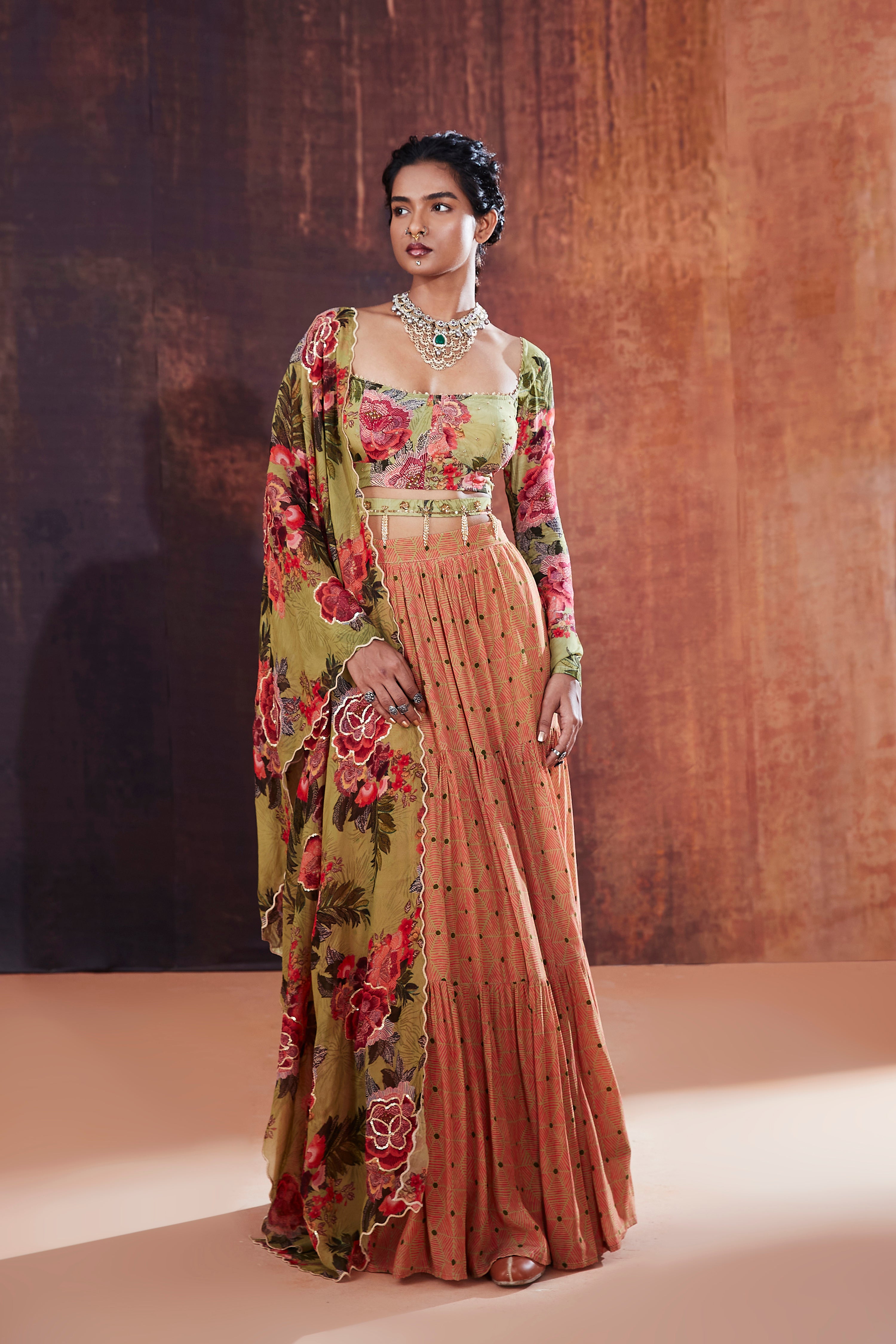 Moss Green Floral Printed Lehenga Set