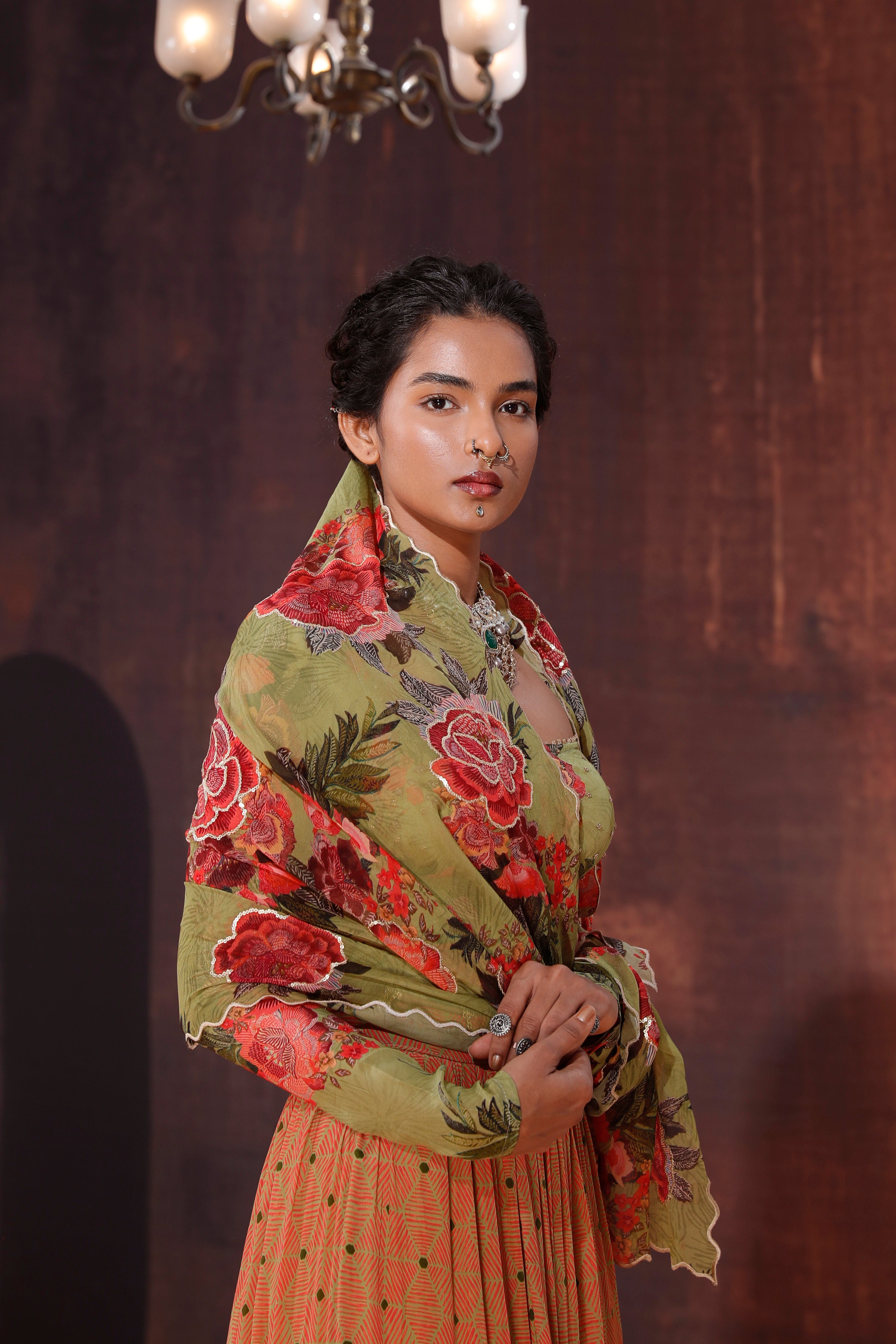 Moss Green Floral Printed Lehenga Set