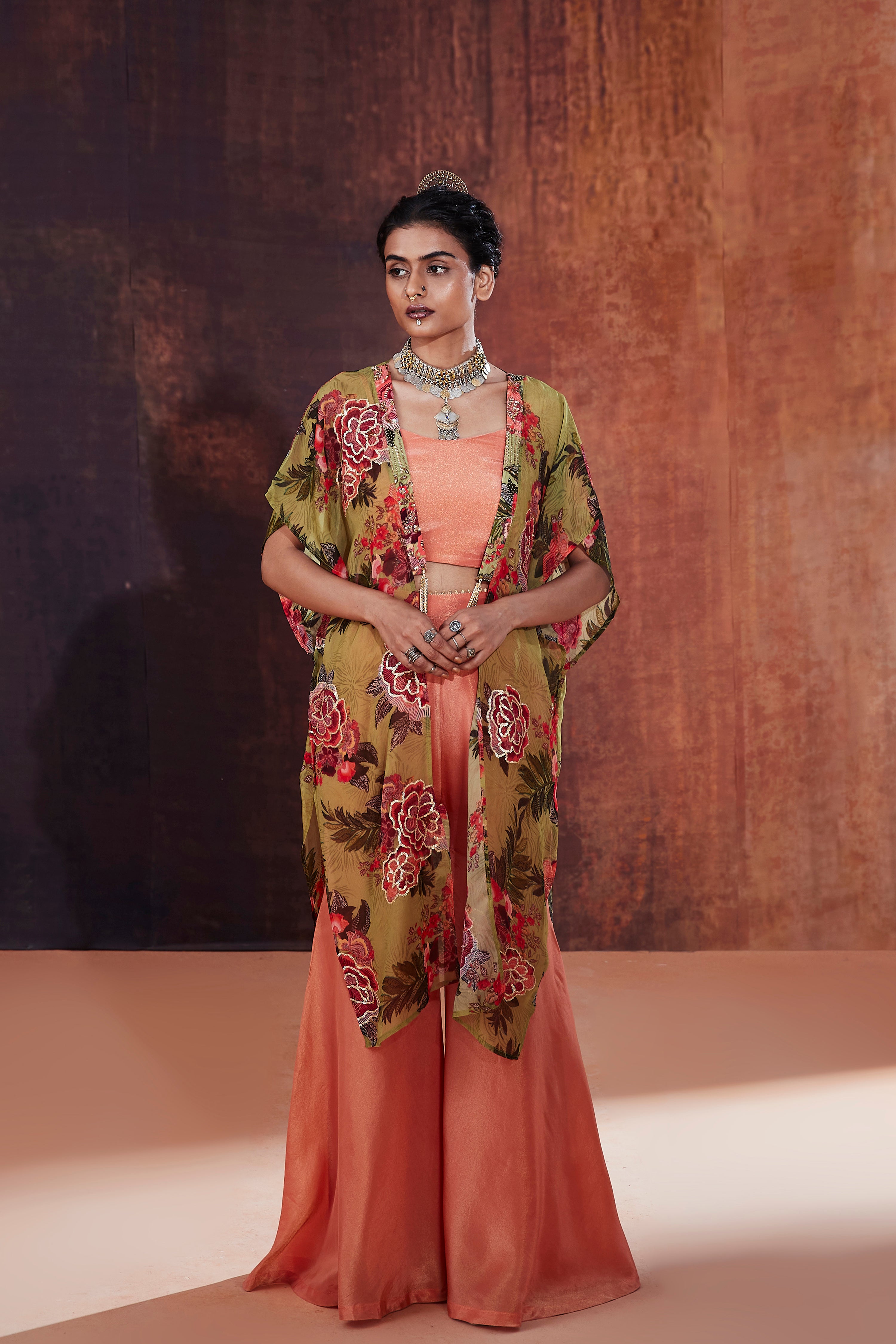 Coral Sharara Set With Jacket