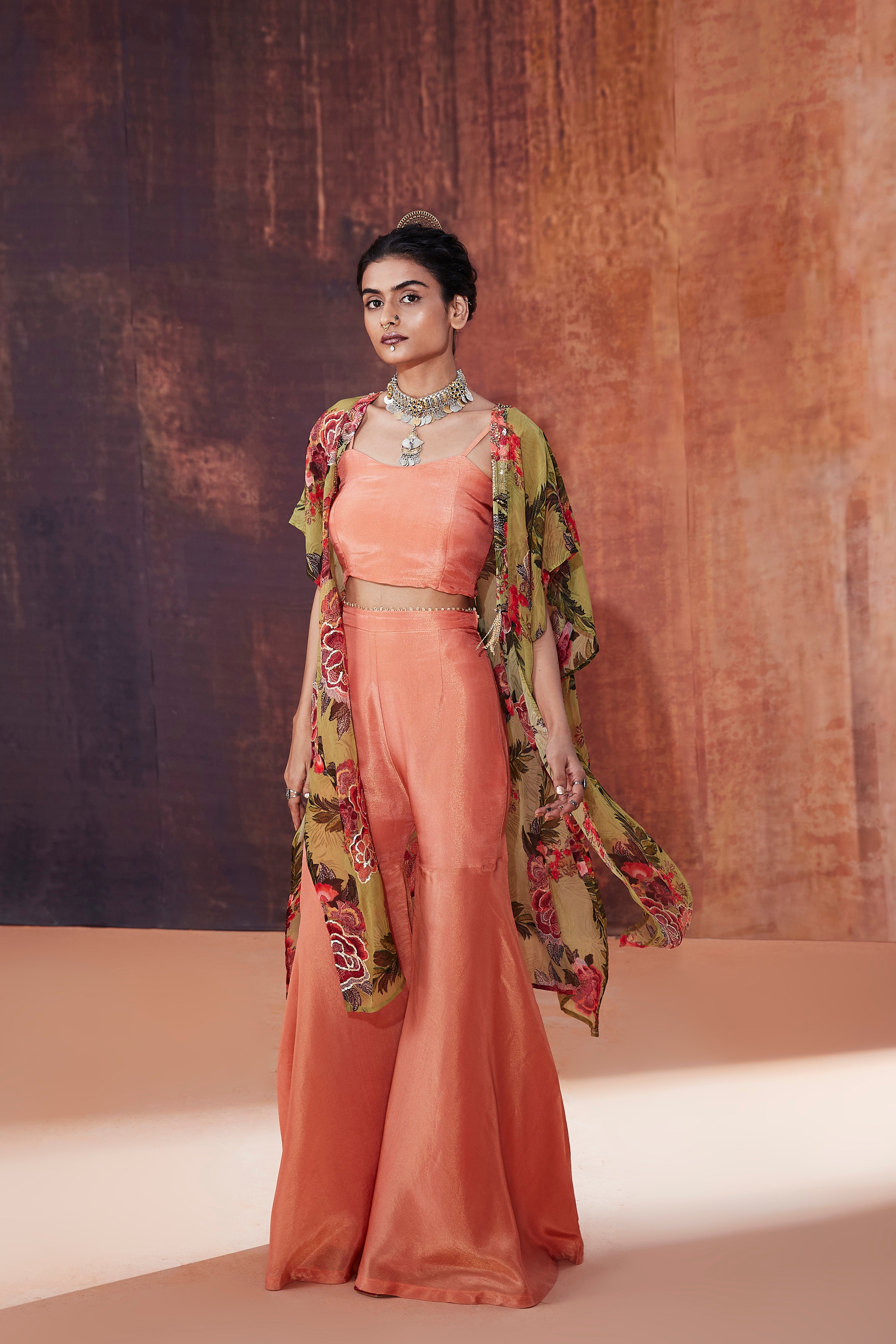 Coral Sharara Set With Jacket