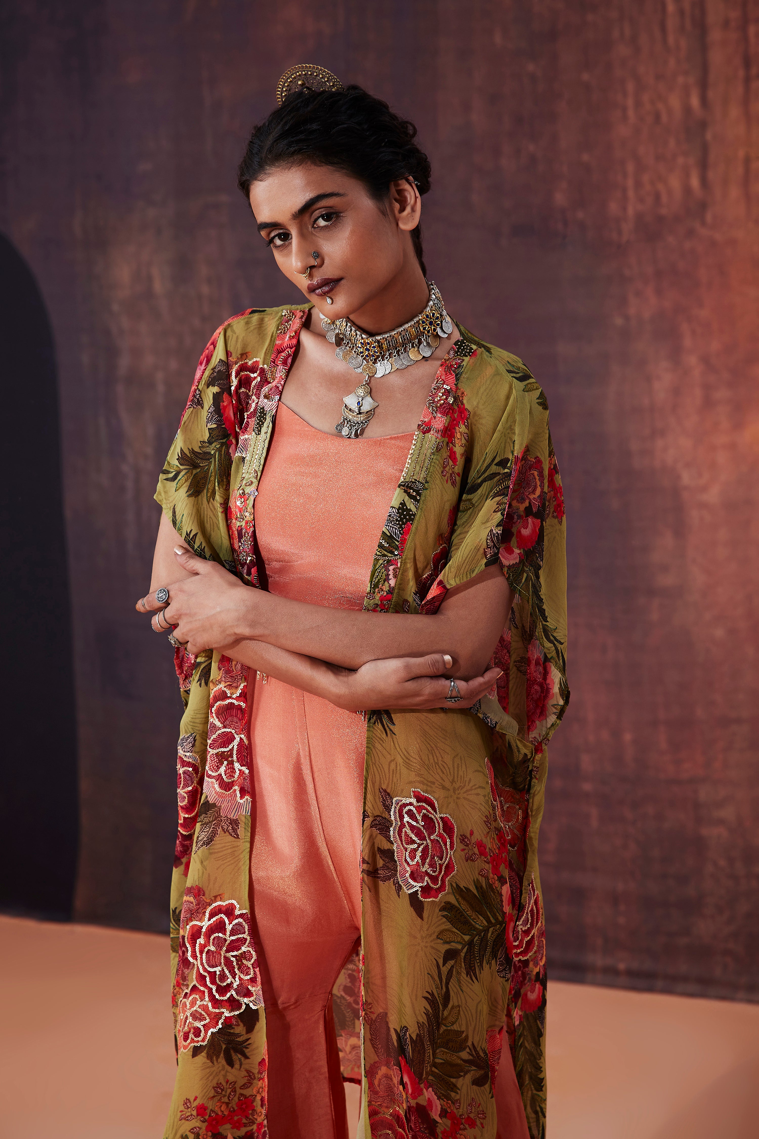 Coral Sharara Set With Jacket
