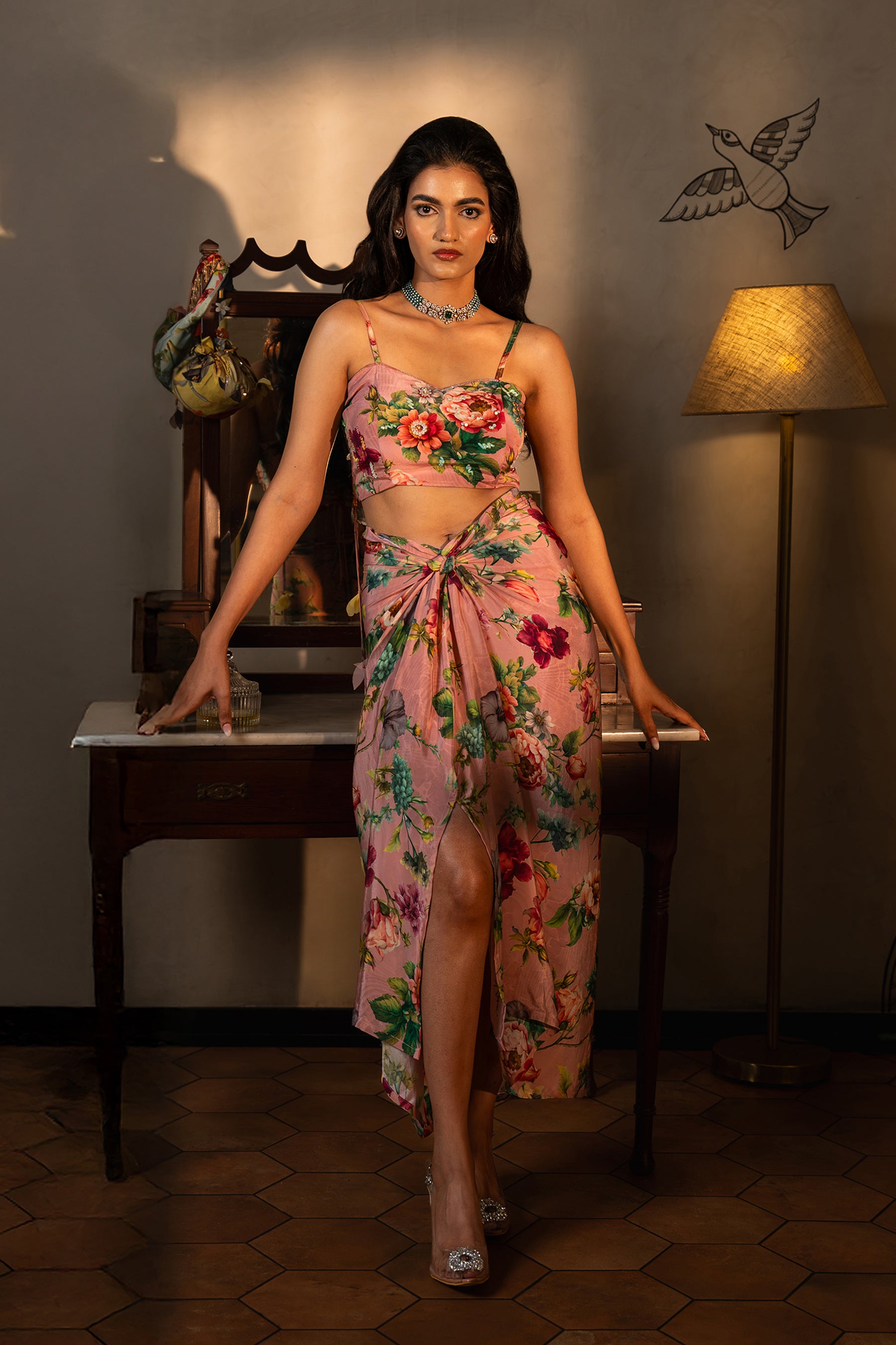 Dusty Rose Wrapped Skirt With Bustier