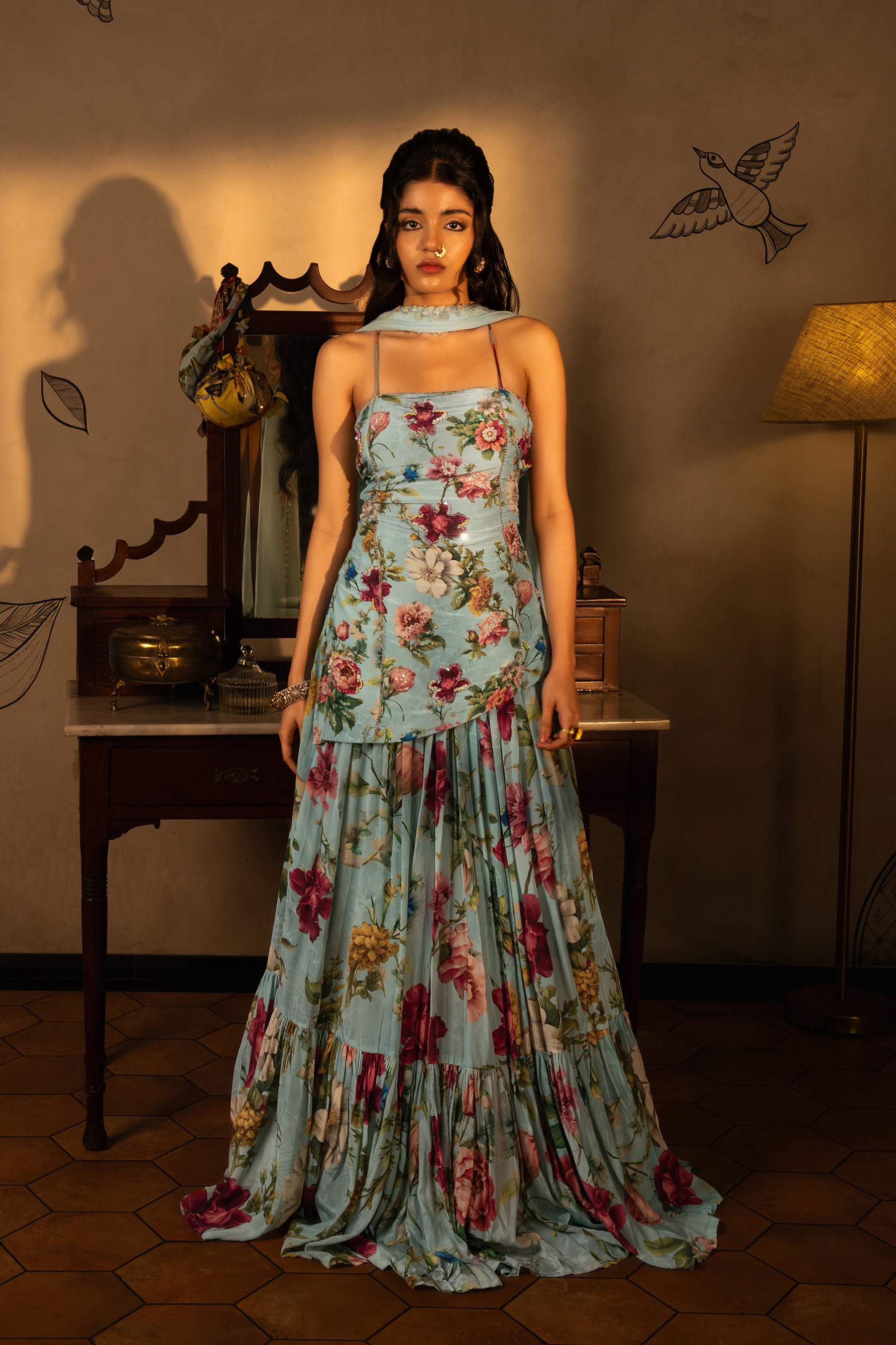 Powder Blue Gathered Lehenga Set