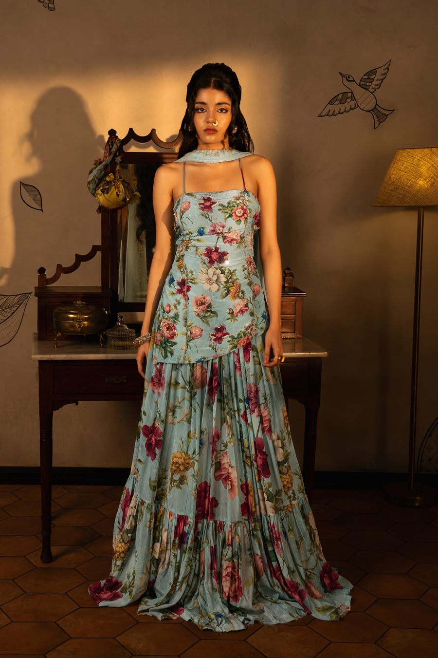 Powder Blue Gathered Lehenga Set