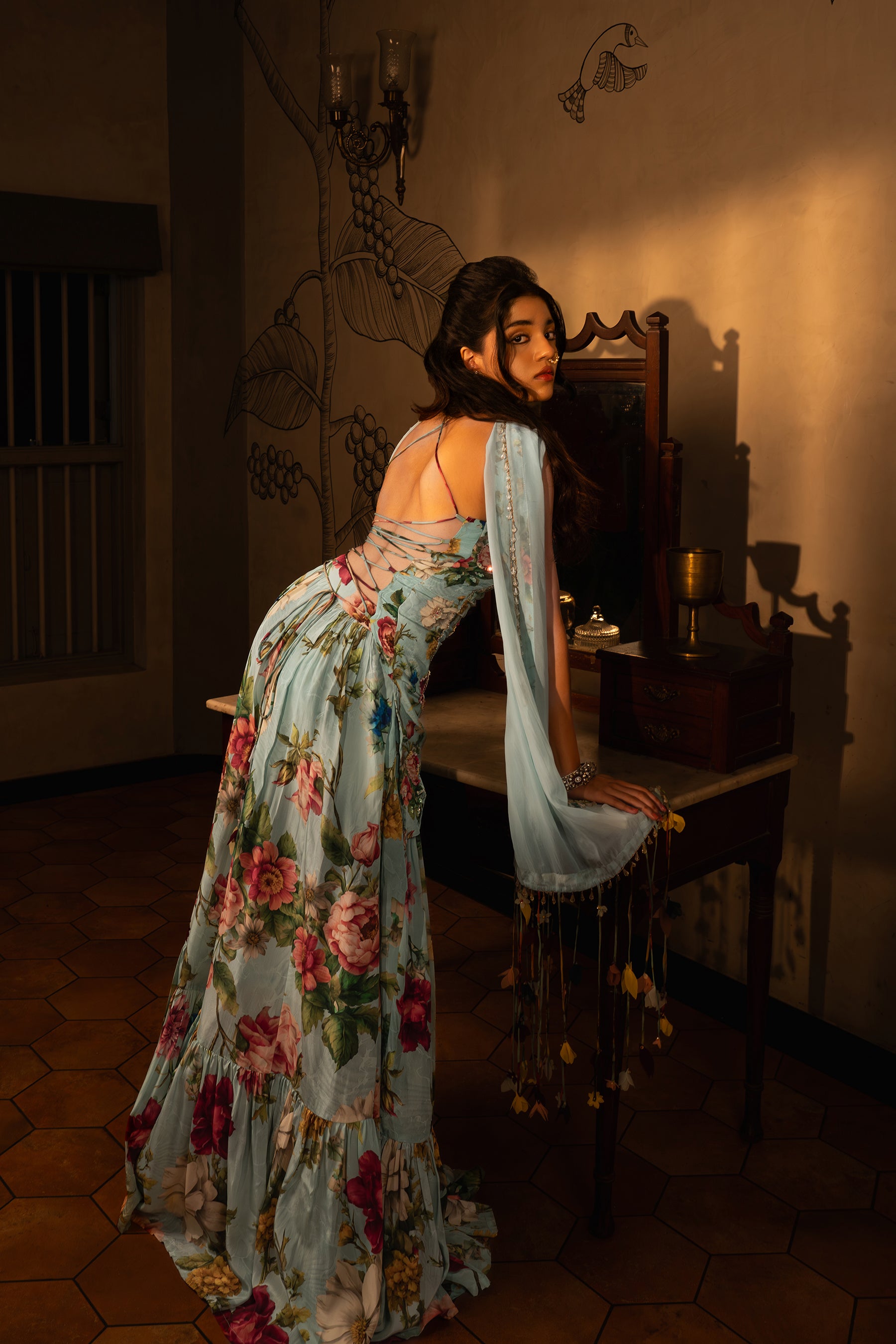 Powder Blue Gathered Lehenga Set