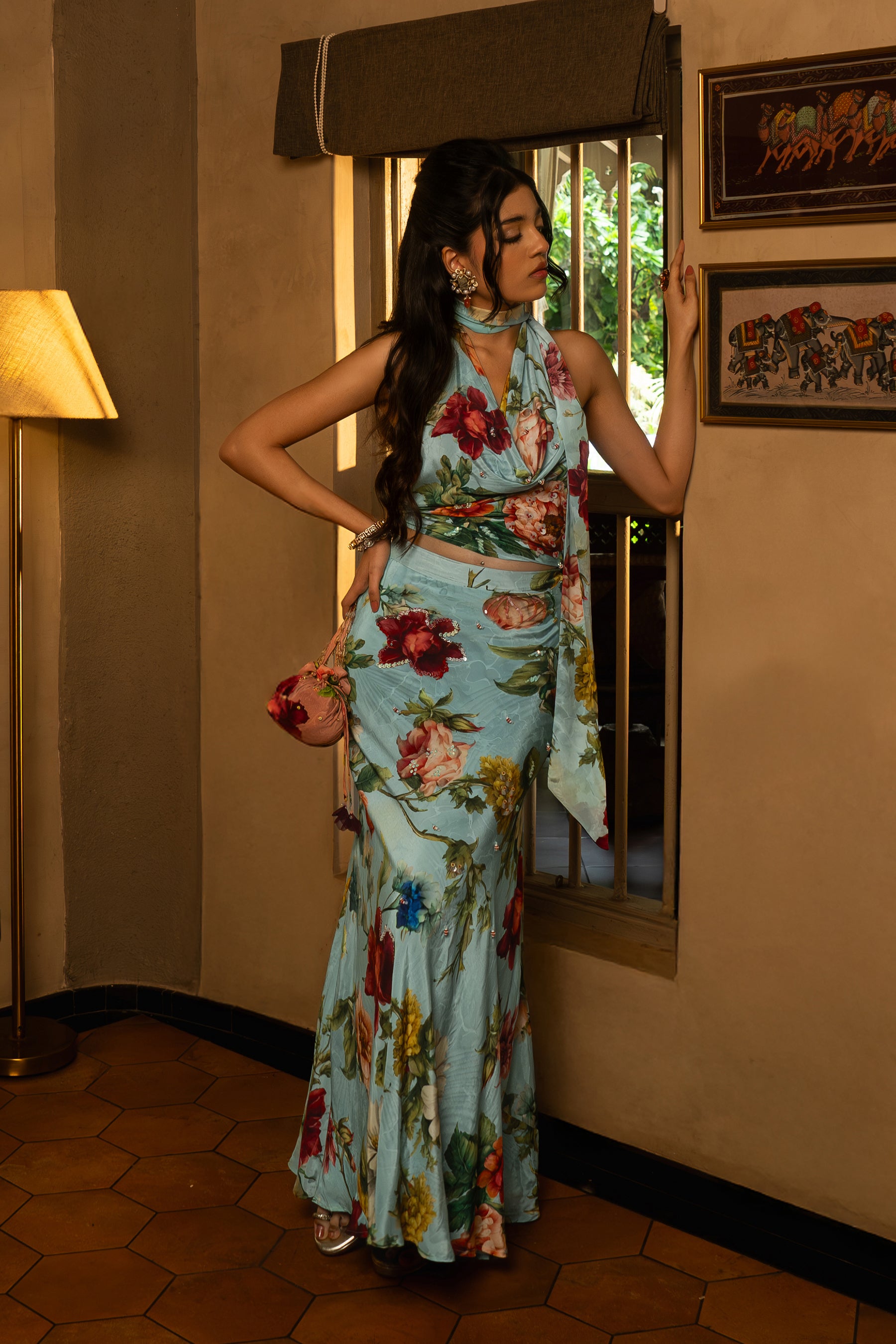 Powder Blue Floral Skirt Set