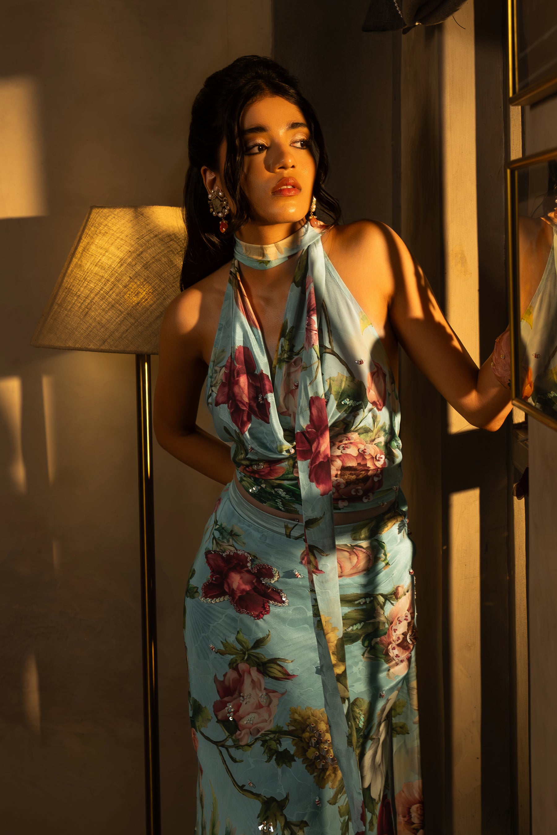 Powder Blue Floral Skirt Set