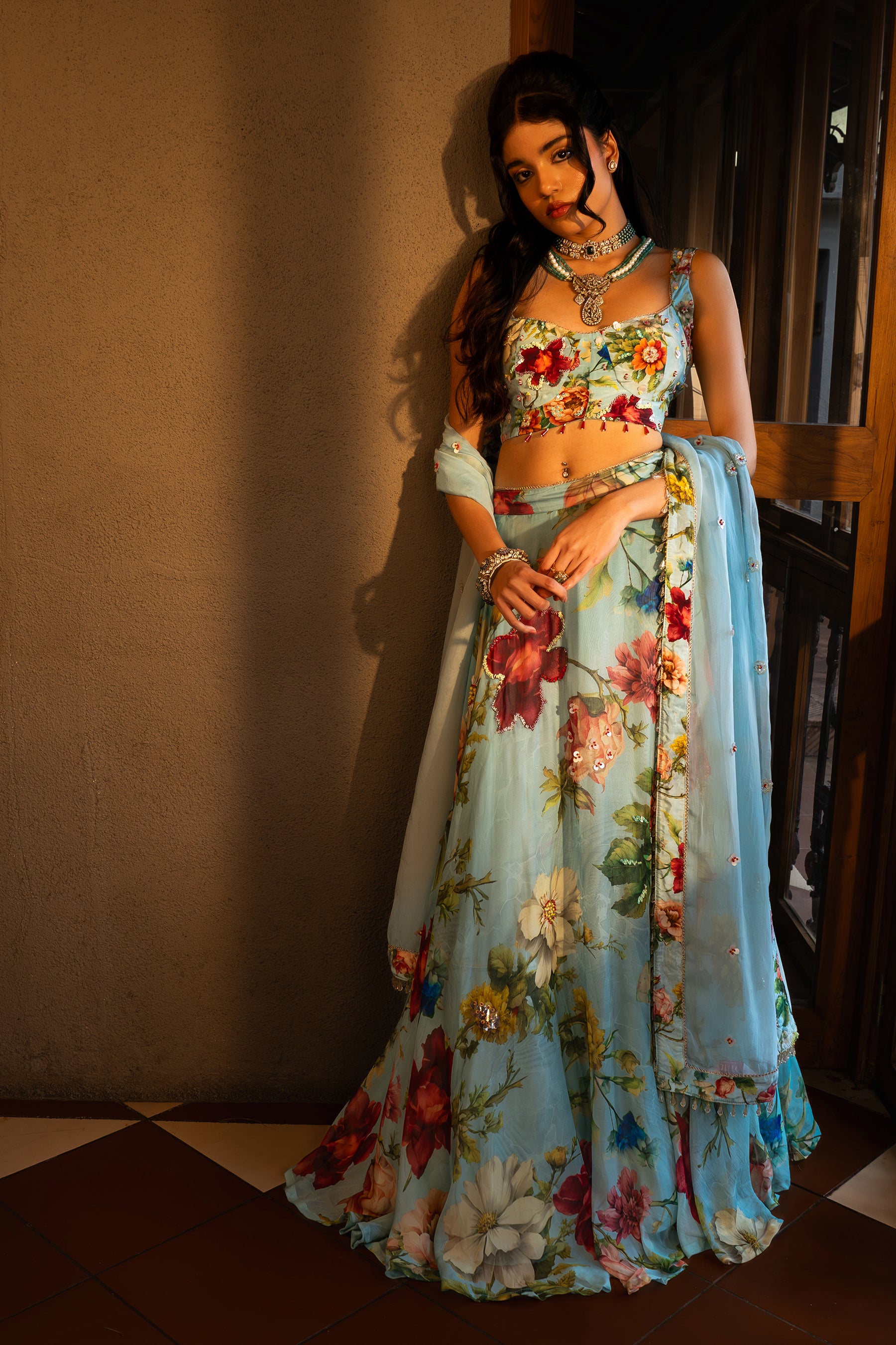 Powder blue floral lehenga set