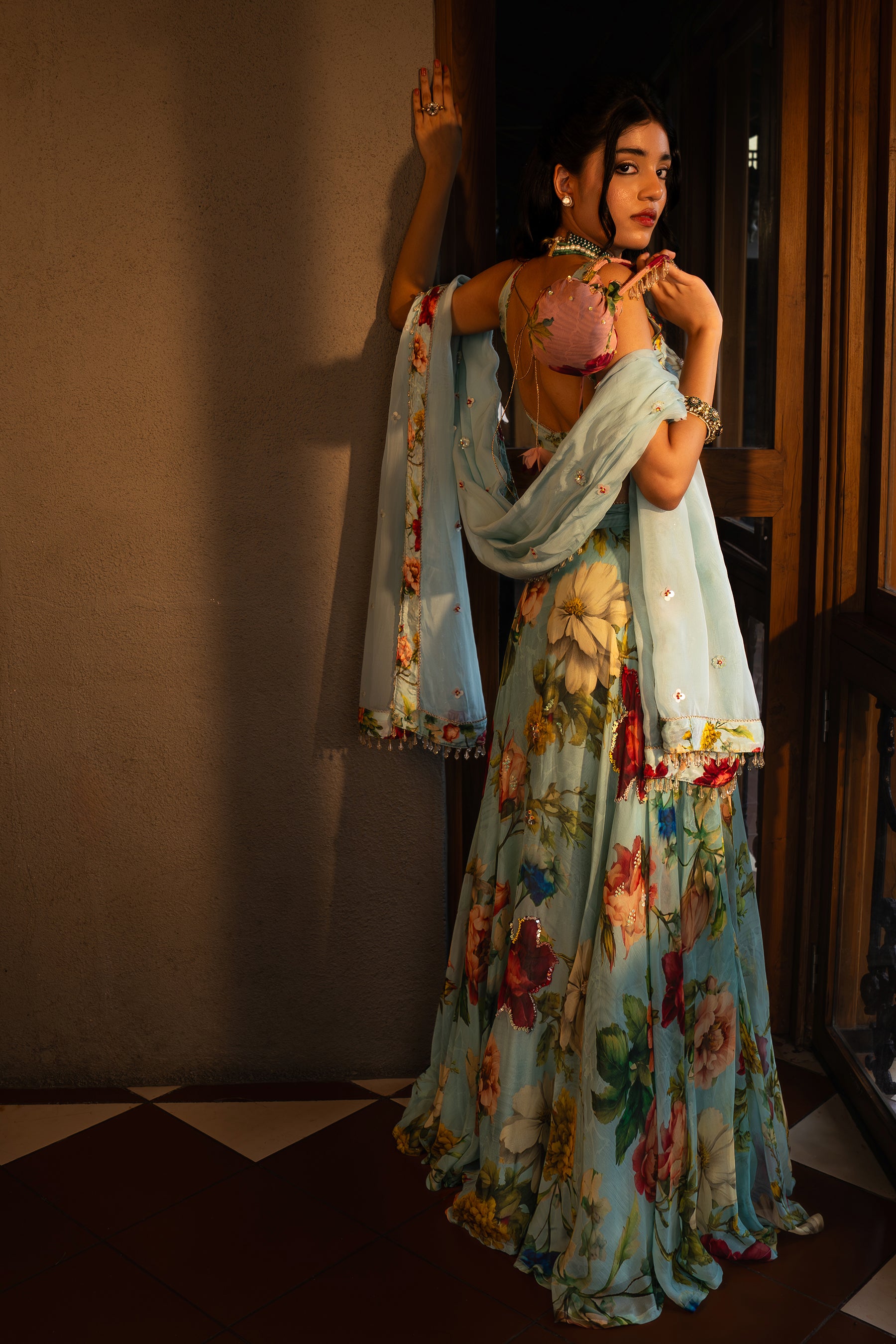 Powder blue floral lehenga set