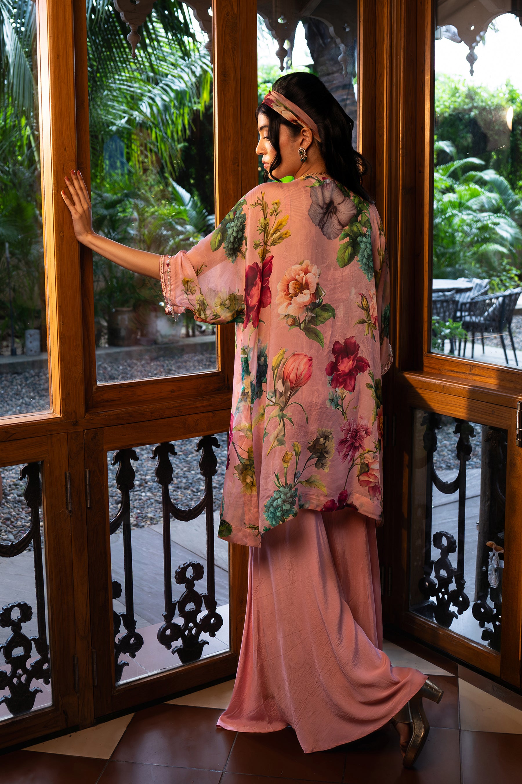 Dusty Rose Kaftan And Sharara Set