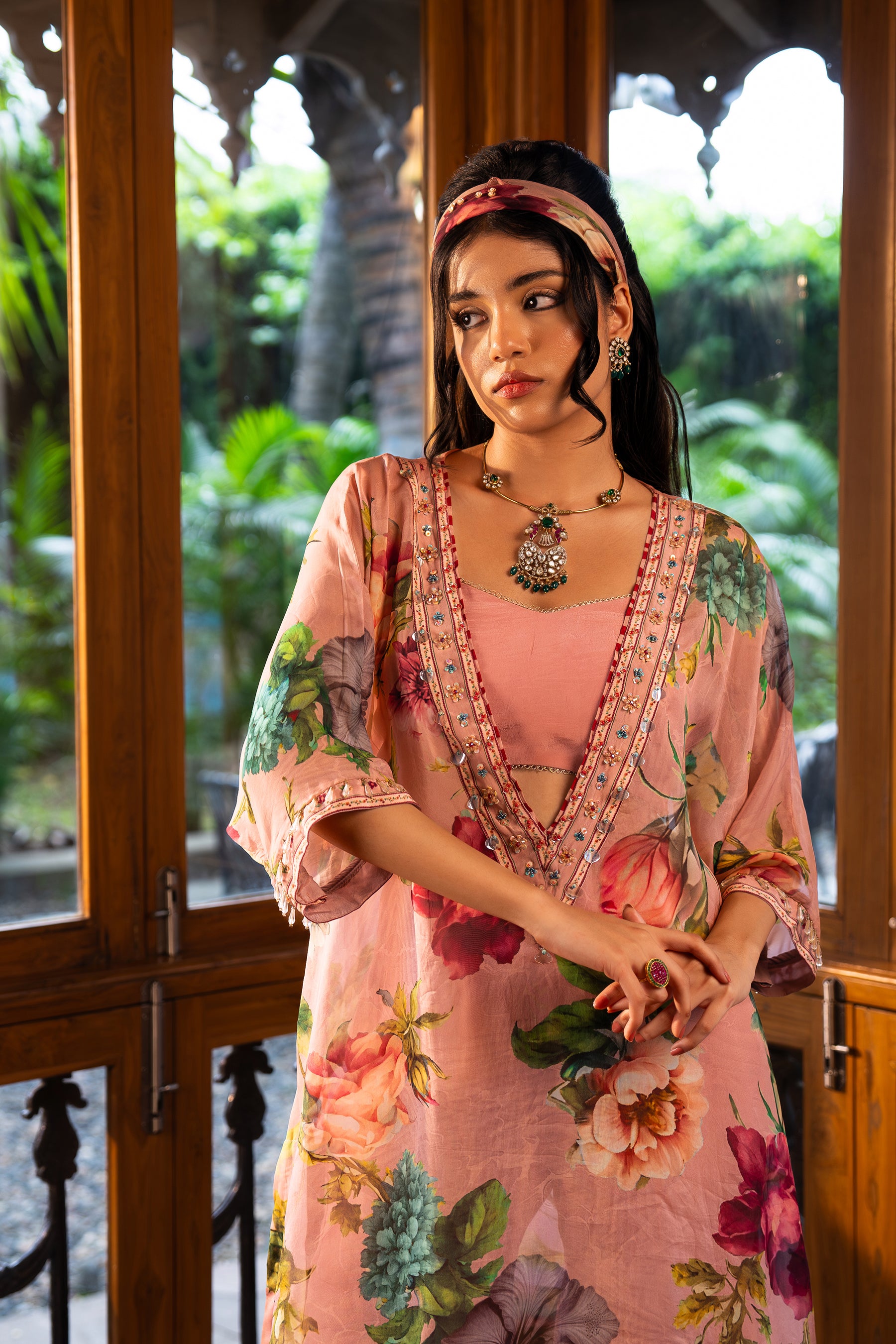 Dusty Rose Kaftan And Sharara Set