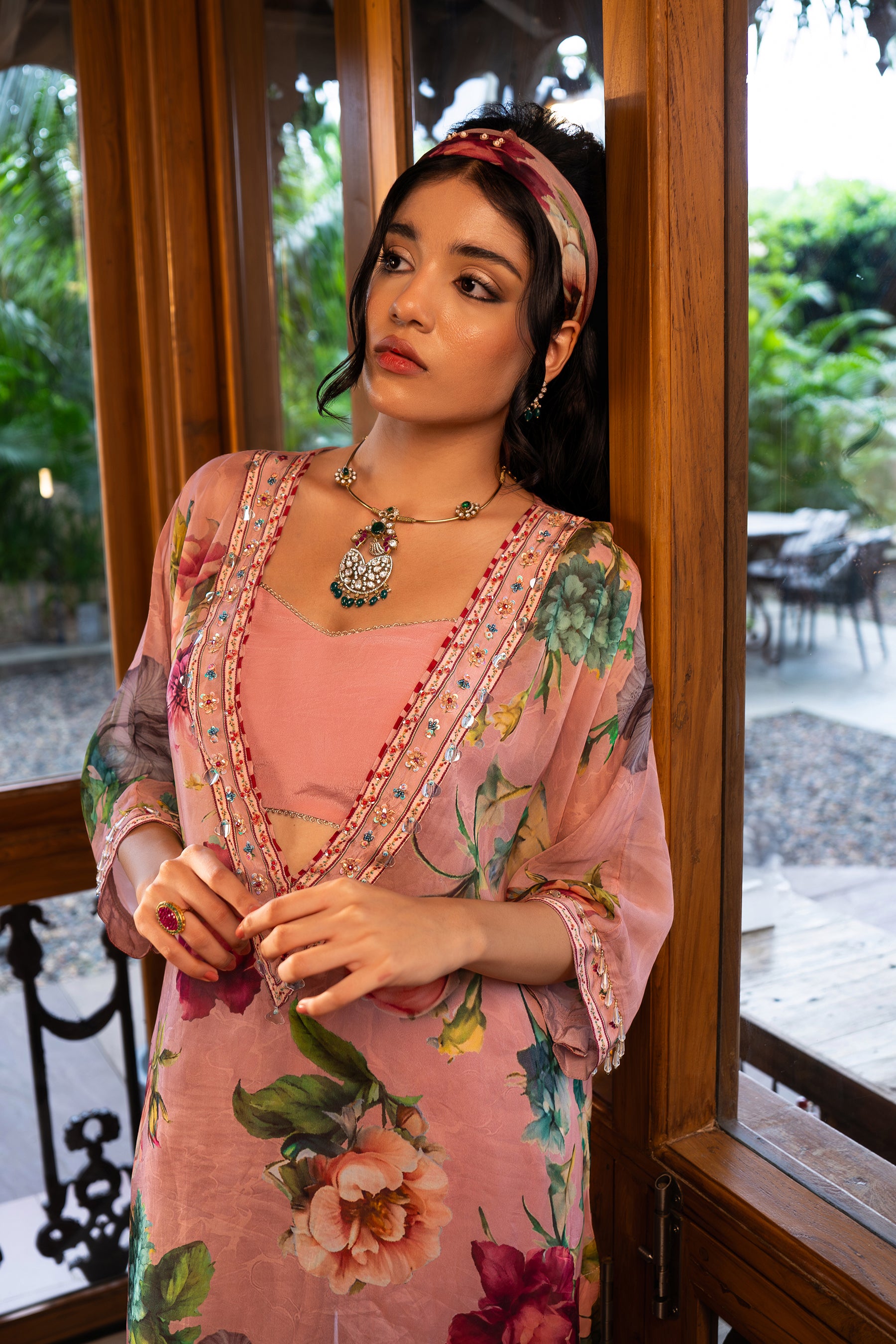 Dusty Rose Kaftan And Sharara Set