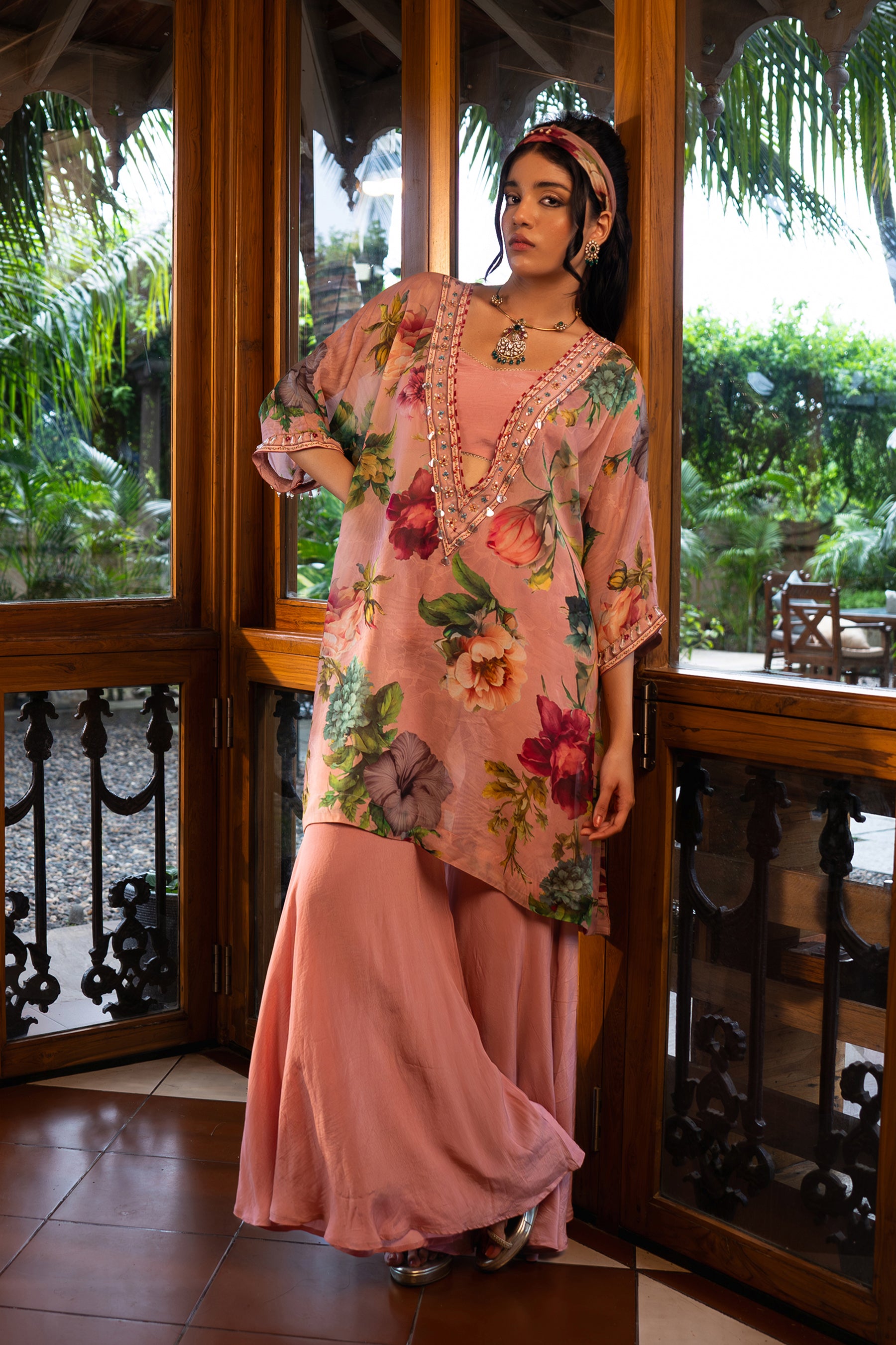 Dusty Rose Kaftan And Sharara Set